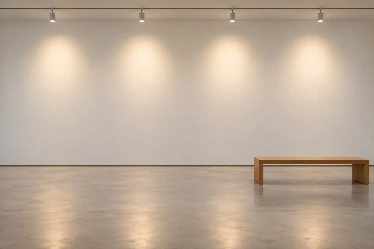 A long gallery wall with the newest paintings hanging under spotlights