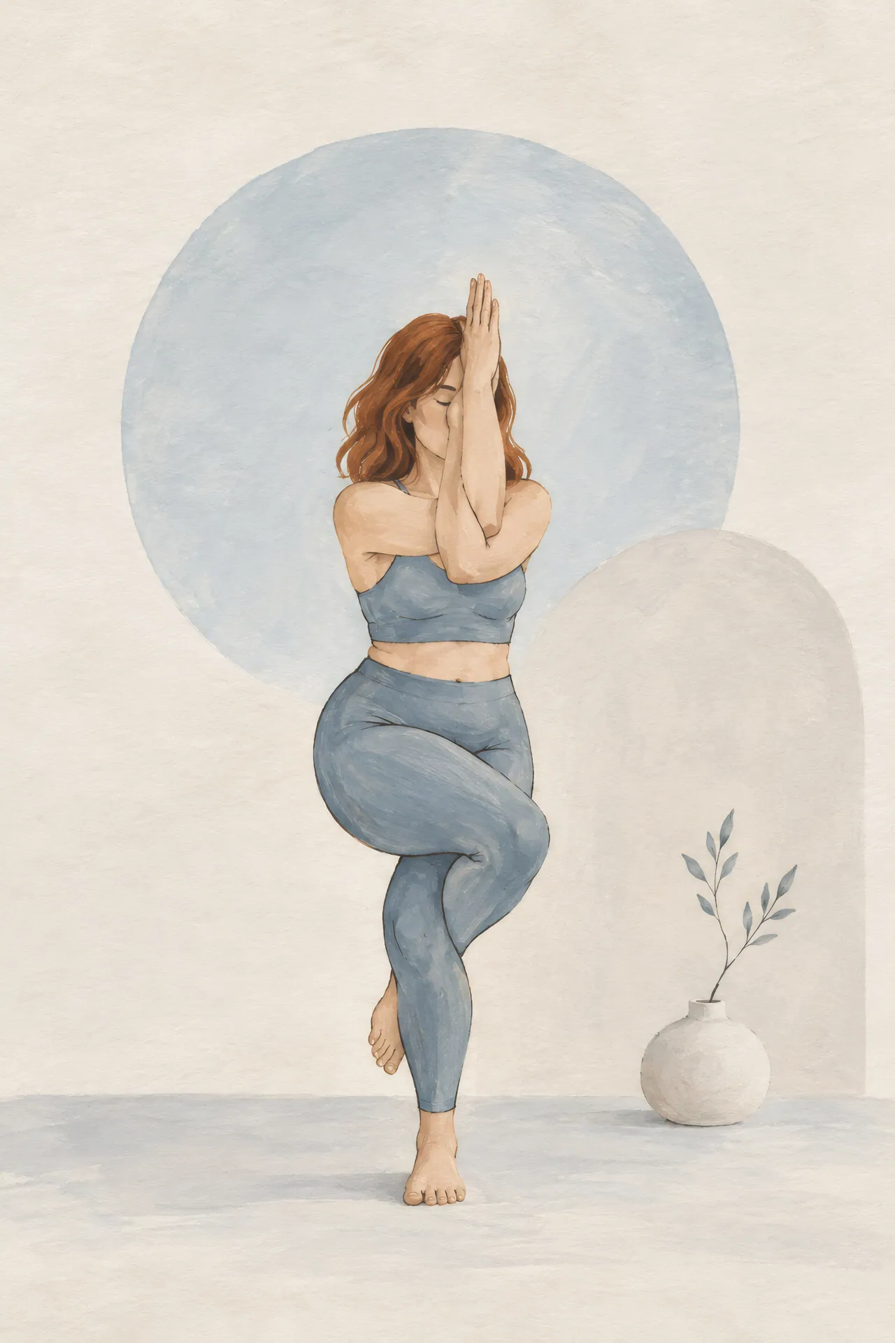 Minimalist Japandi gouache painting of an auburn-haired woman in Eagle Pose beside a round vase with one stem, in dusty blue and ivory with fine graphite lines.