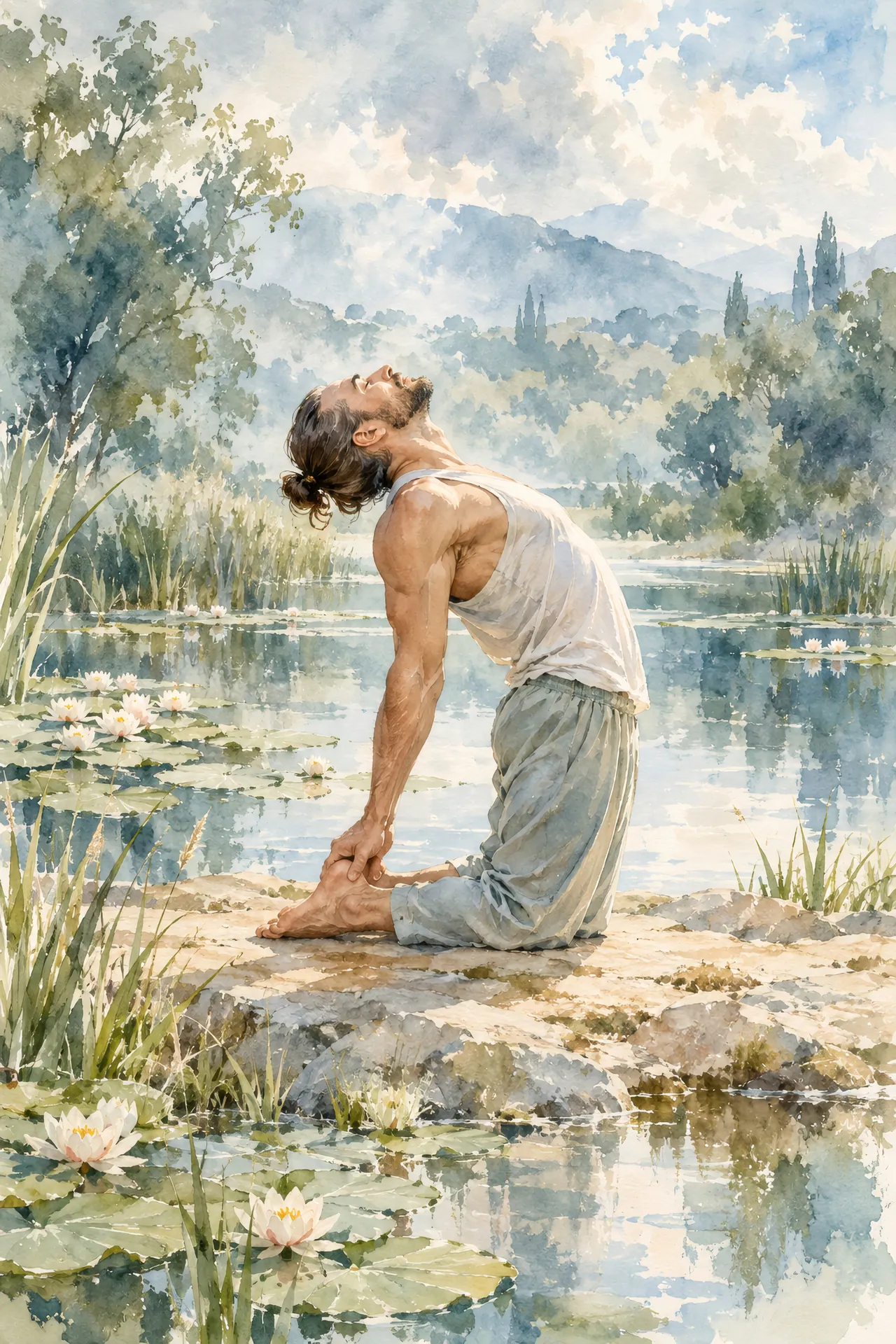 Watercolor painting of a bearded man with tied-back hair arching into Camel Pose beside a pond with water lilies and reeds, in soft green, blue and sand tones.