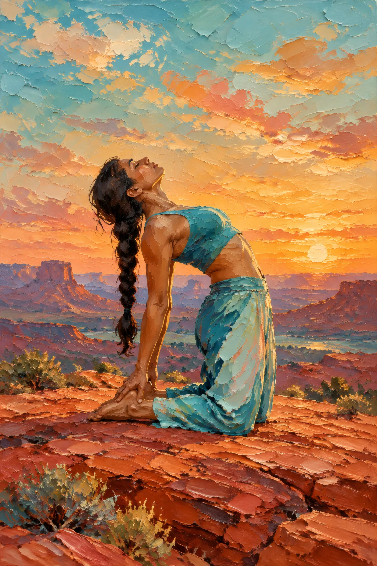Palette knife acrylic painting of a South Asian woman with a long dark braid in Camel Pose on a red desert mesa beneath an amber sky.