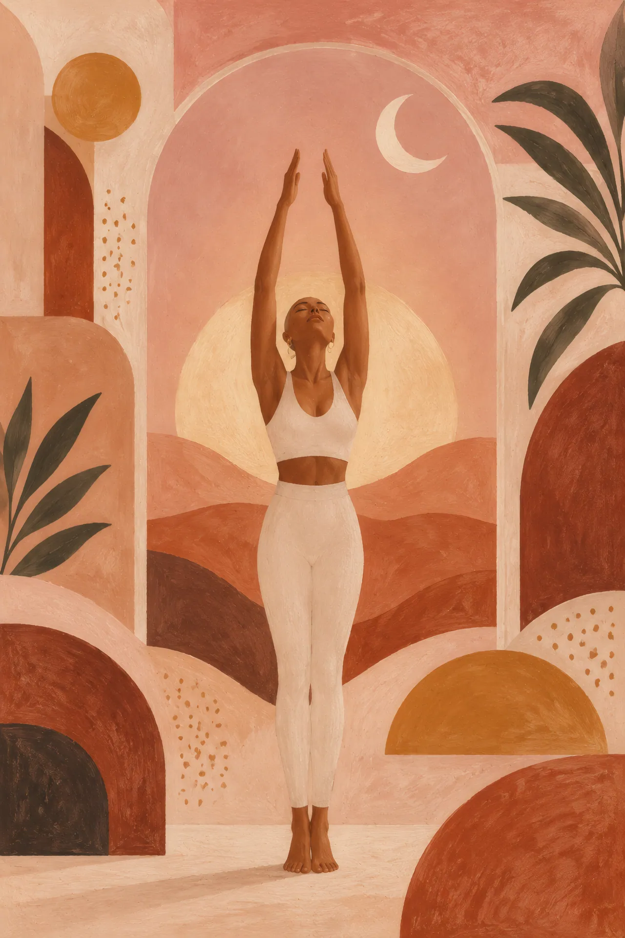Mid-century boho gouache painting of a woman in Upward Salute beneath a crescent moon inside a terracotta and blush arch, surrounded by abstract leaves and rounded hills.