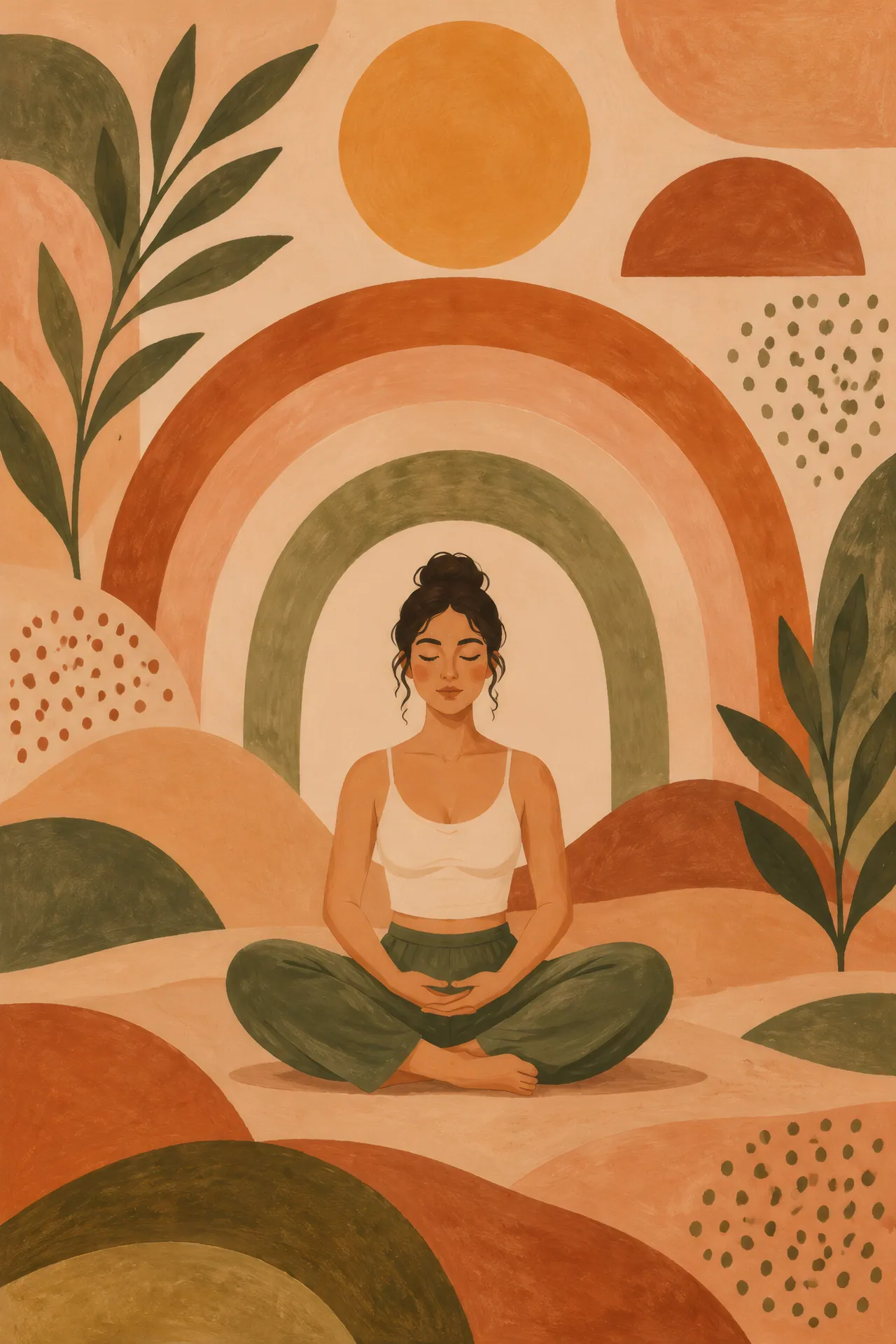 Mid-century boho abstract gouache painting of a woman sitting cross-legged with closed eyes before layered rust, olive, peach, and sand arches.