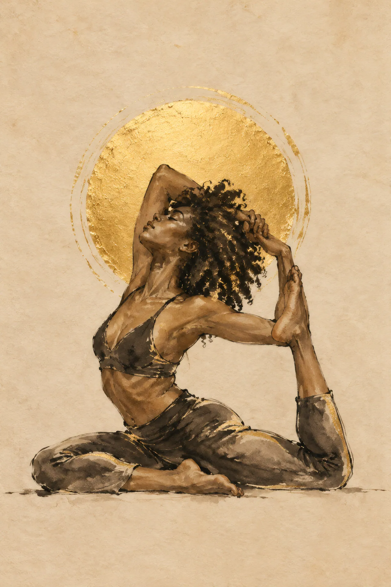 Sumi-e ink painting of a Black woman with natural curly hair in King Pigeon Pose beneath a gold leaf sun on warm rice paper.
