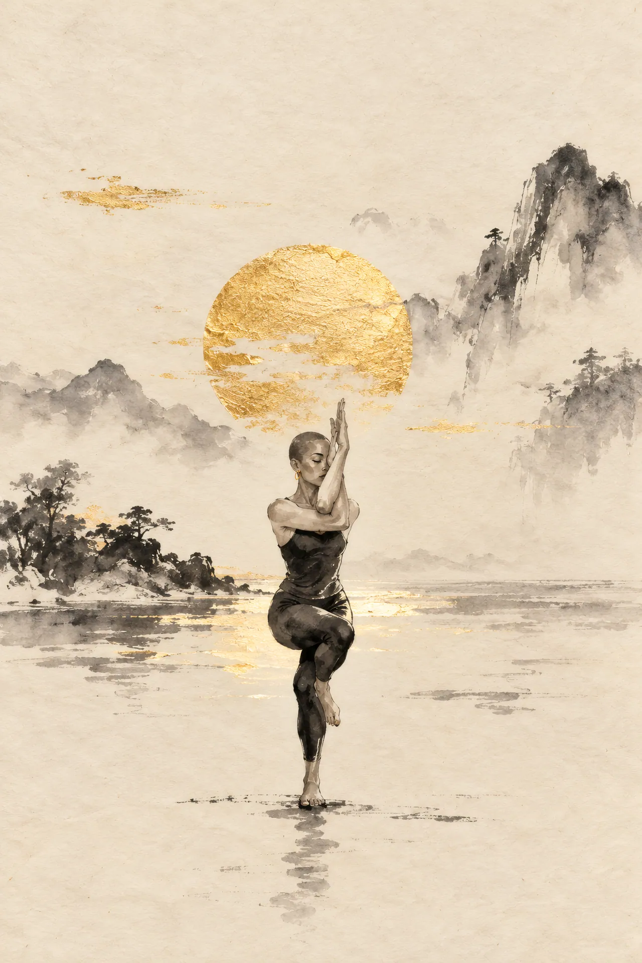 Sumi-e ink painting of a shaved-head woman in Eagle Pose, with crossed arms and wrapped legs, small gold earrings, and a gold leaf sun on cream rice paper.