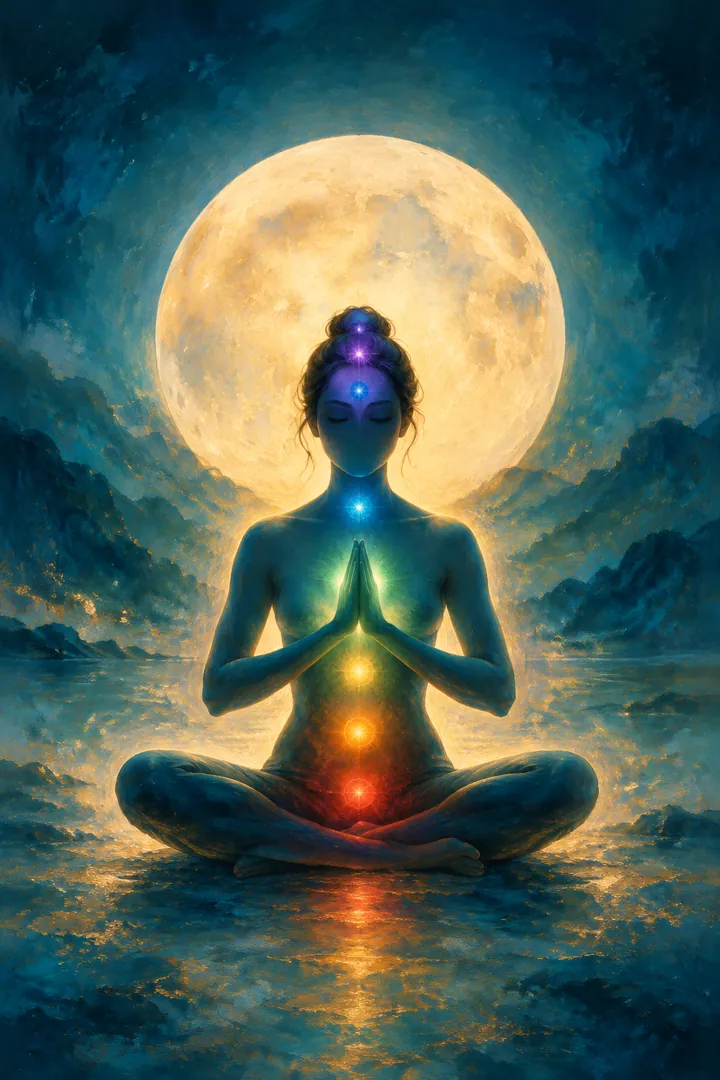 Luminous acrylic and glaze painting of a cross-legged silhouette with palms together at the heart, seven colored chakra lights, and a glowing full moon.