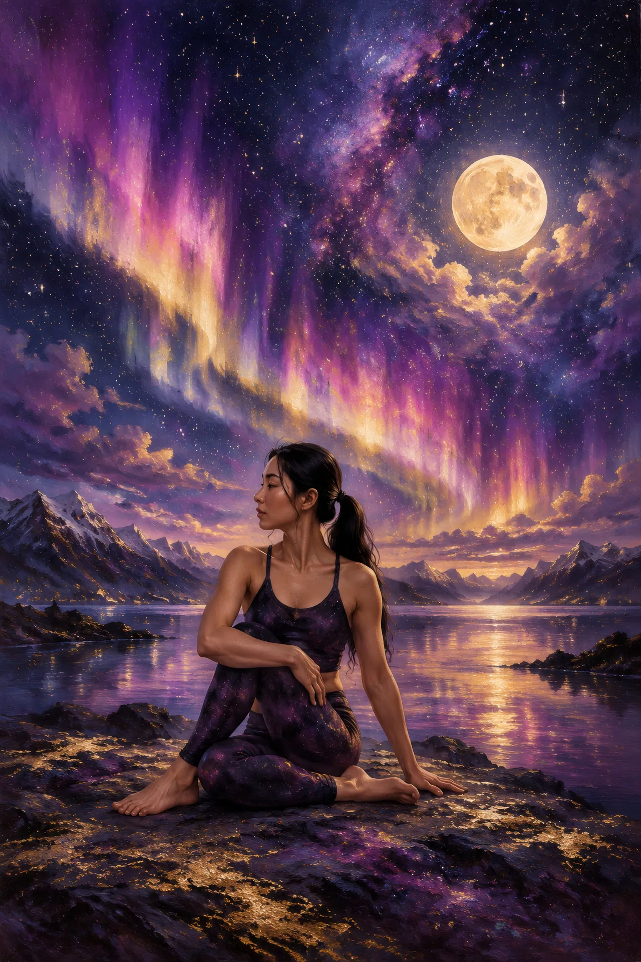 Night-sky acrylic painting of an East Asian woman in Seated Twist beneath a glowing moon and northern lights, surrounded by purple clouds, white stars, and gold accents.