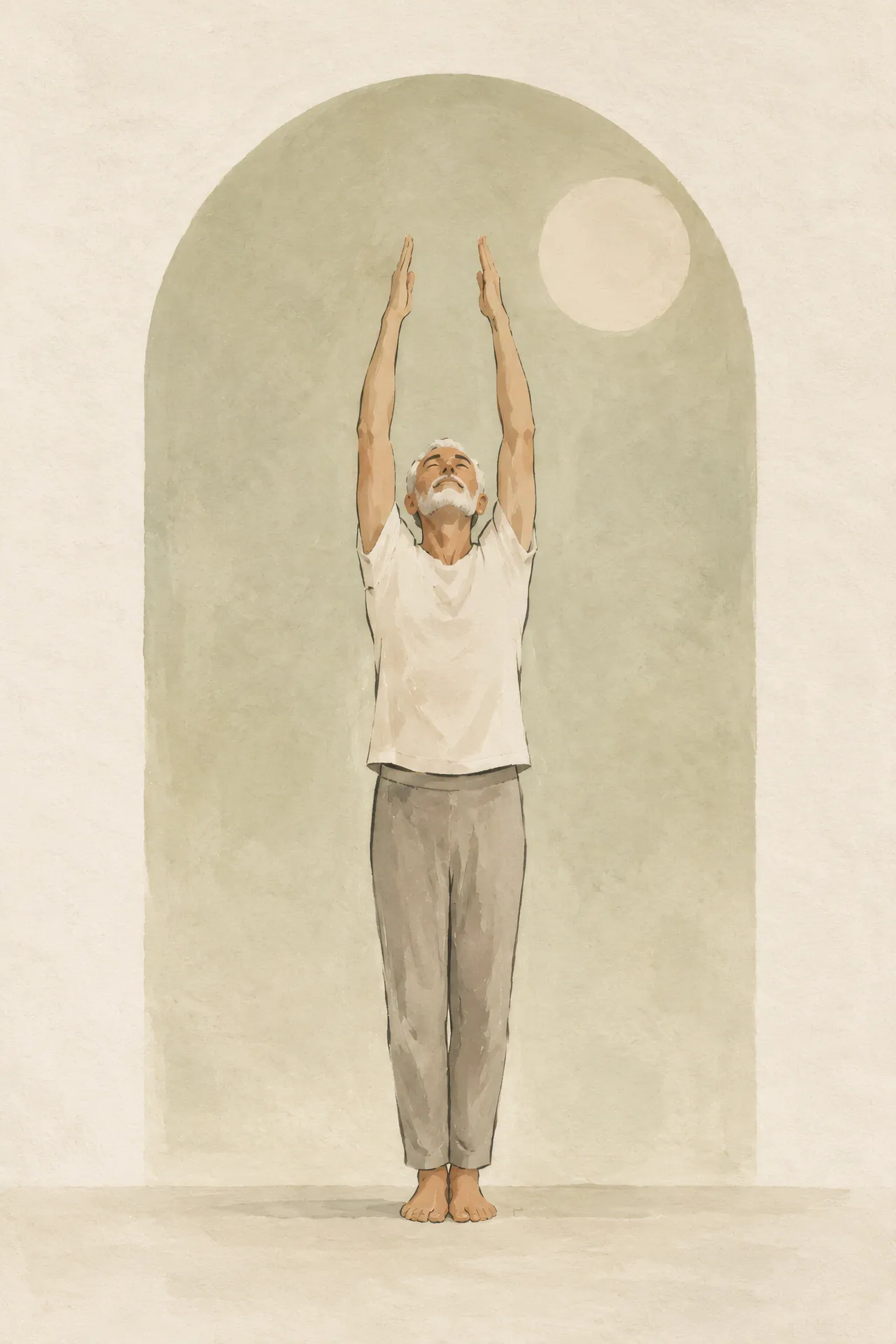 Minimalist Japandi gouache painting of an older man with a short white beard raising both arms overhead beneath a rounded arch in pale olive, linen, and gray.