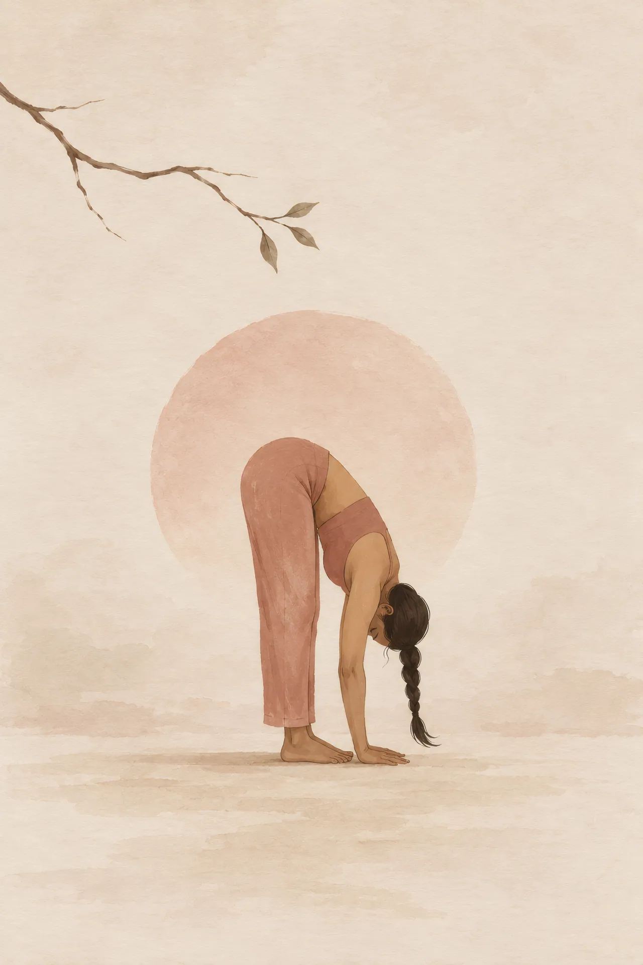 Minimalist Japandi gouache painting of a South Asian woman with a long dark braid folding forward beneath a bare branch with three leaves, in clay pink, sand, and cream.