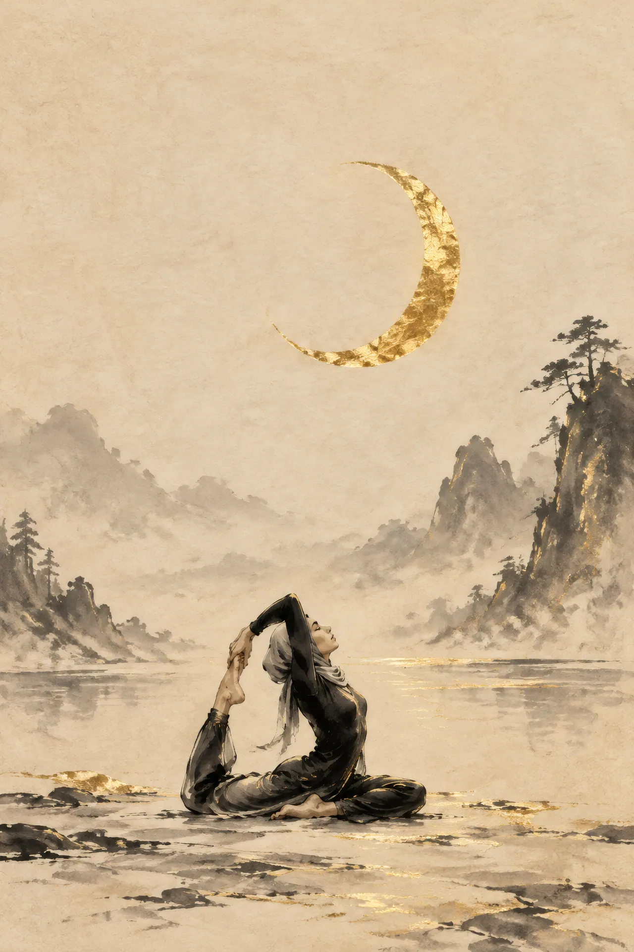 Sumi-e ink painting of a woman in a modest yoga outfit and headscarf holding King Pigeon Pose beneath a gold crescent moon on warm cream paper.