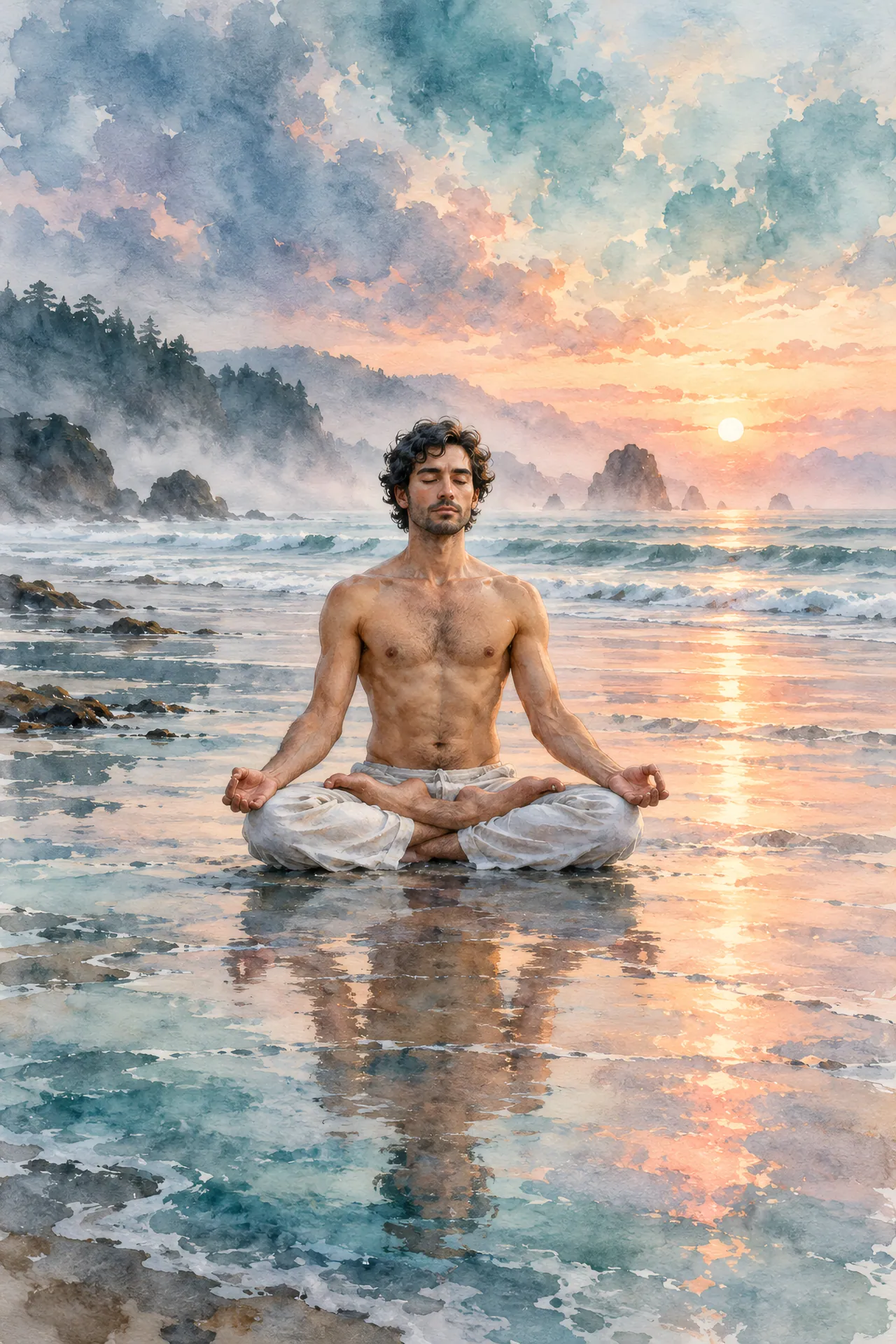 Watercolor painting of a dark-haired man seated in Lotus Pose on wet sand at a misty beach, with closed eyes, a tall spine, and soft teal and rose gold light.