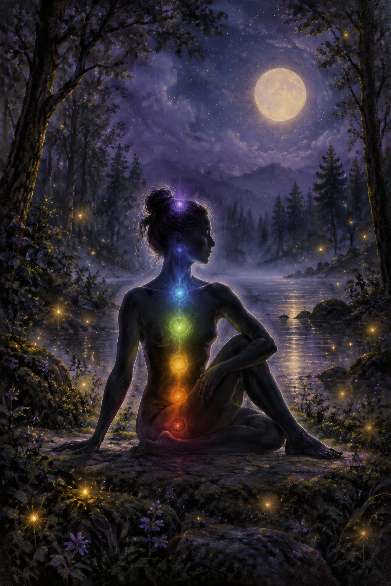 Luminous acrylic and glaze painting of a silhouetted figure in Seated Twist in a dark forest, with seven glowing chakra-colored lights along the spine and fireflies nearby.