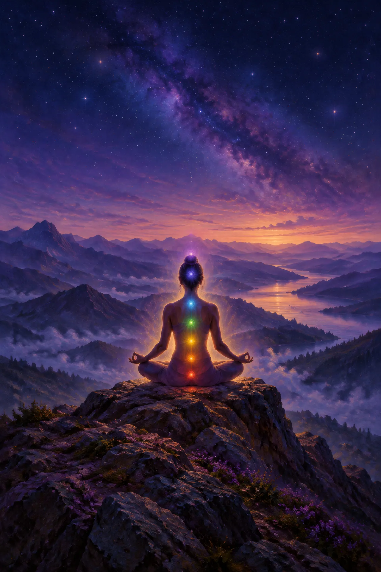 Luminous acrylic and glaze painting of a silhouetted figure in Lotus Pose on a mountain summit, with seven colored lights along the spine beneath a starry plum and blue sky.