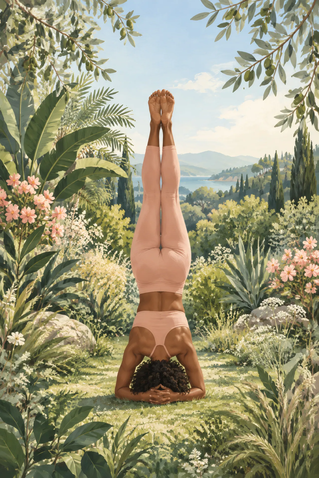 Botanical gouache painting of a Black woman with natural curly hair holding Headstand among layered olive branches and wild grasses in dappled garden light.