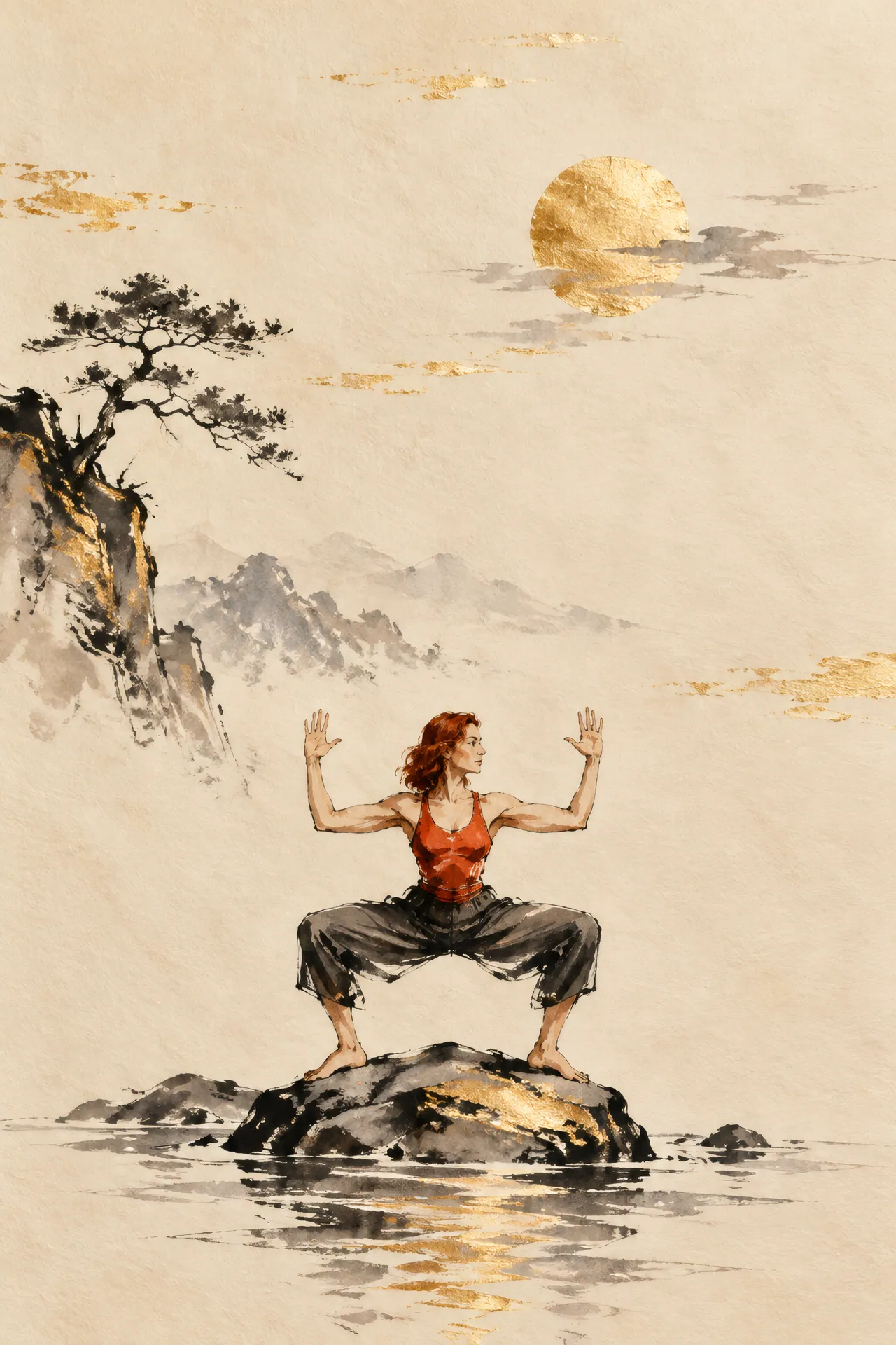 Sumi-e ink painting of a curvy woman with auburn hair in Goddess Pose on a small rock above ink ripples, with black brushwork, vermilion, and gold leaf.