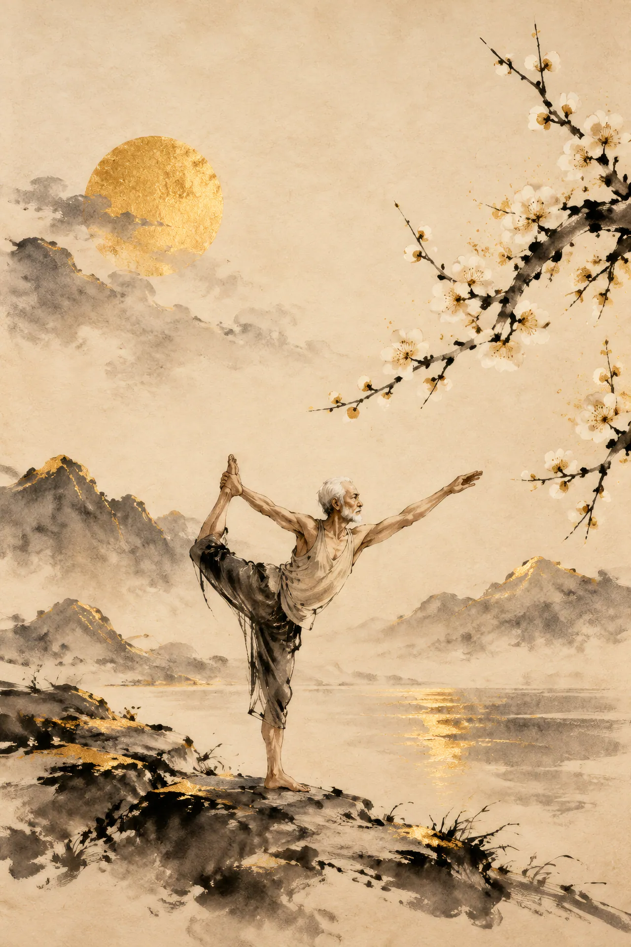 Sumi-e ink painting of an older man with a white beard holding Dancer's Pose beside a dark plum blossom branch, with charcoal strokes and gold leaf on warm rice paper.