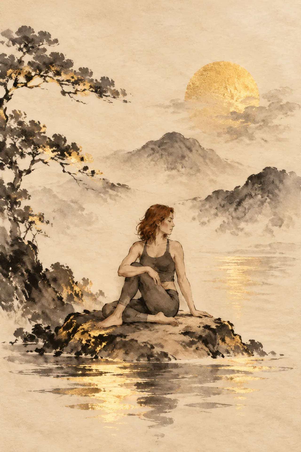 Sumi-e ink painting of a curvy woman with auburn hair in Seated Twist on a small rock above water ripples, with charcoal strokes and gold leaf on warm rice paper.