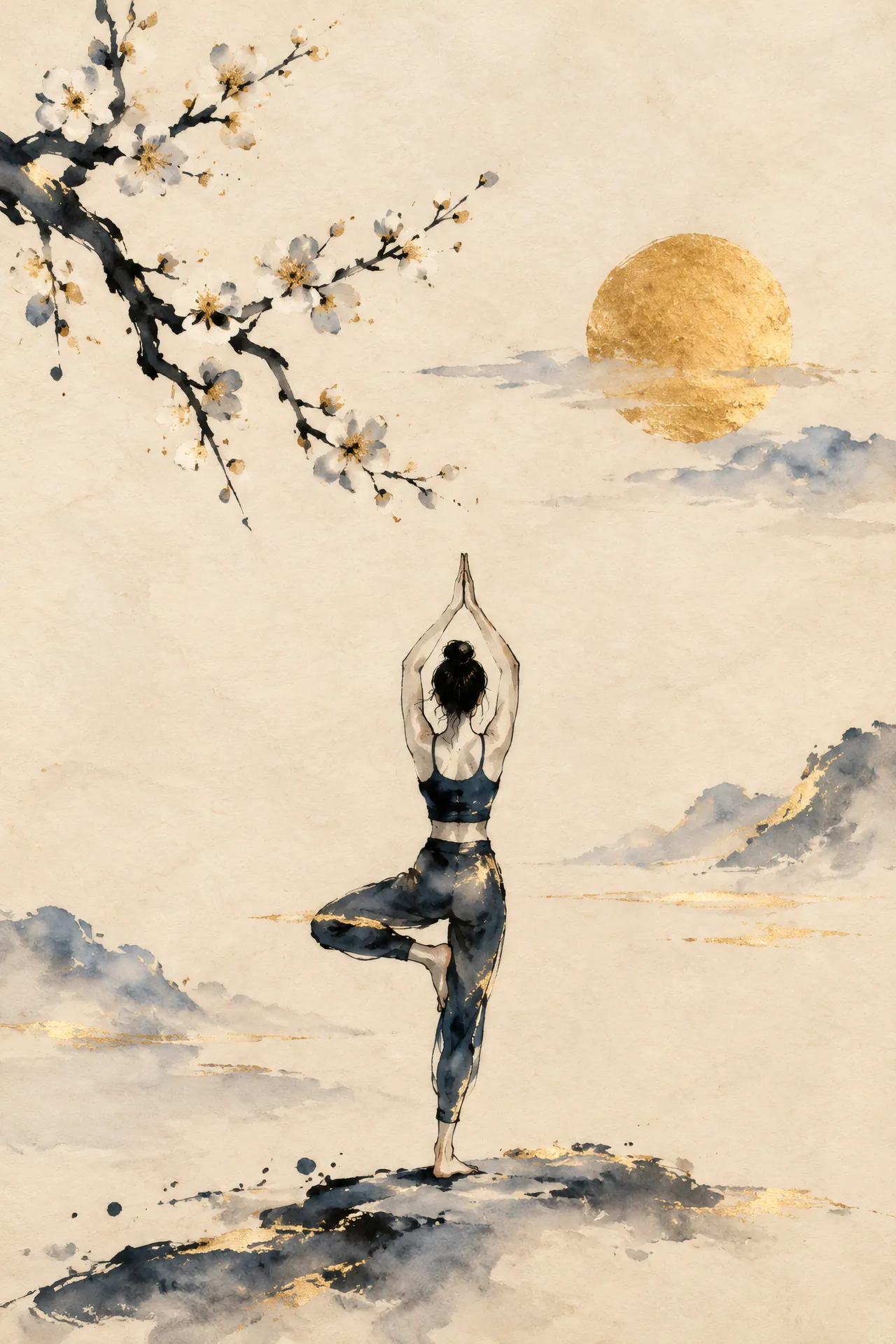 Sumi-e ink painting of a woman in Tree Pose with palms joined overhead beside a dark plum branch, with indigo washes and small gold leaf accents on warm rice paper.