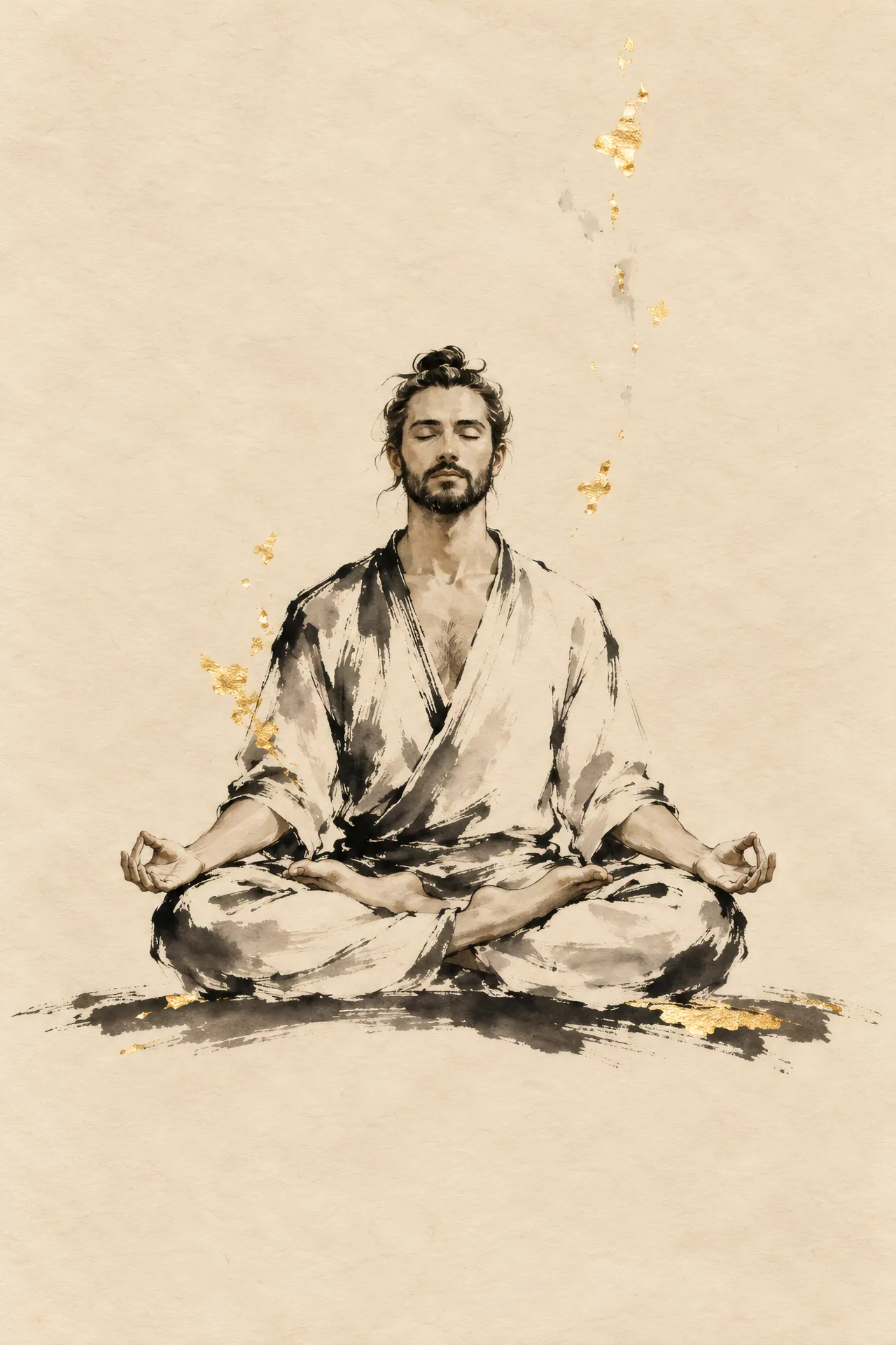 Sumi-e ink painting of a bearded man with tied-back hair sitting in Lotus Pose, with closed eyes, black brushstrokes, gray washes, and gold accents on cream paper.