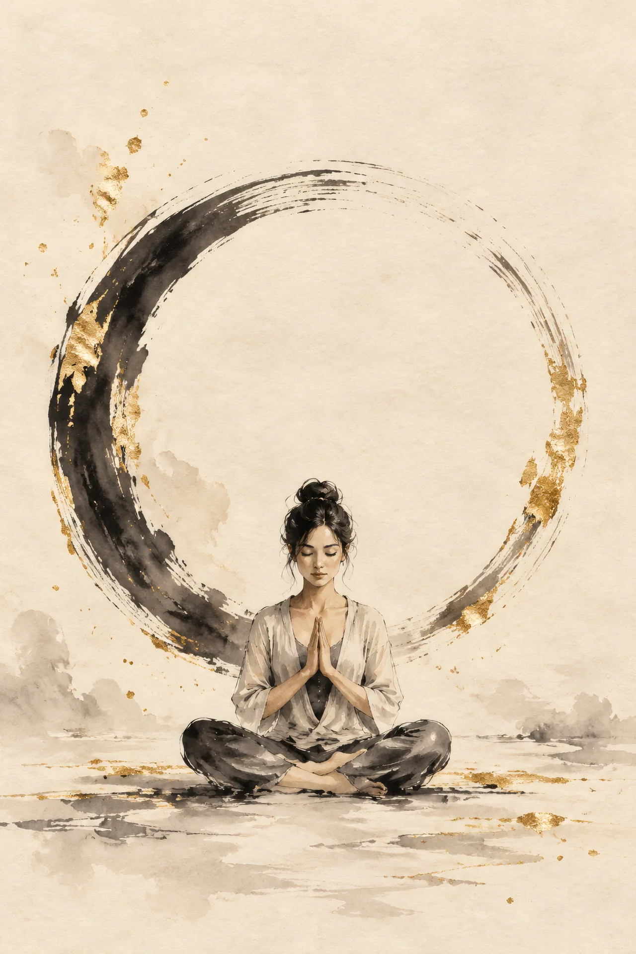 Sumi-e ink painting of a dark-haired woman seated cross-legged with palms together at her heart before a black ensō circle, with gray washes and gold leaf on cream rice paper.