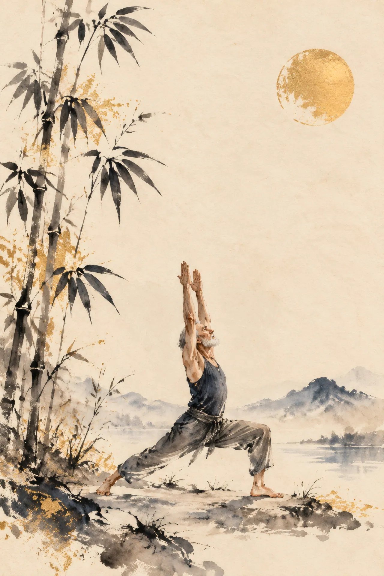 Sumi-e ink painting of an older bearded man in Warrior I with both arms raised beside bamboo stalks, accented with indigo washes and gold leaf.