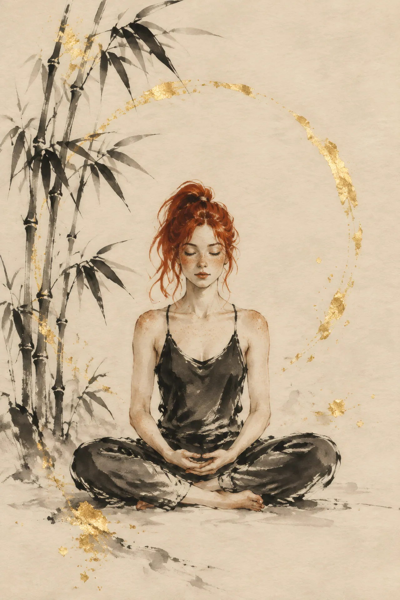 Sumi-e ink painting of a red-haired woman seated cross-legged with closed eyes beside bamboo stalks, with black ink, vermilion and gold leaf on ivory paper.