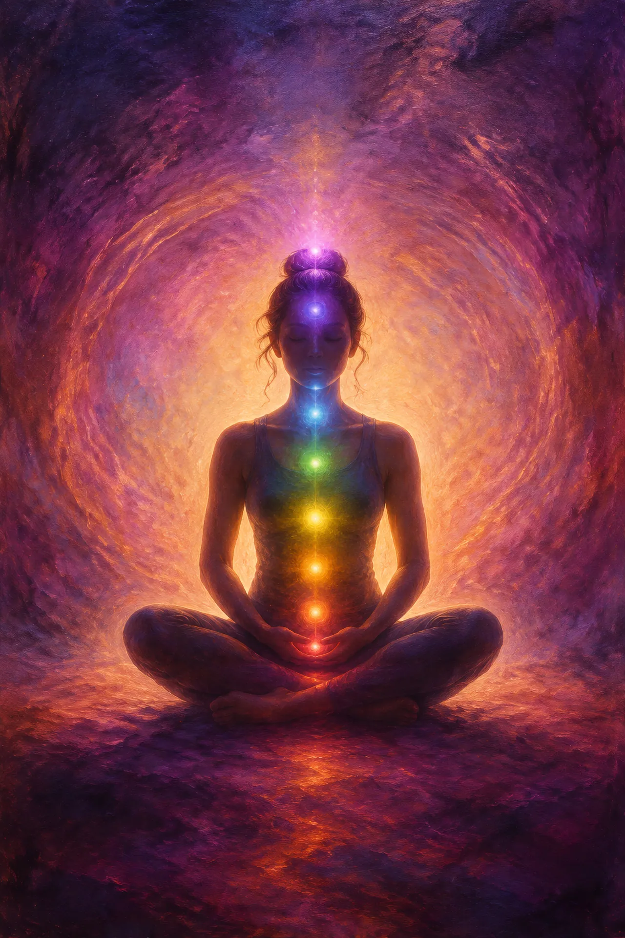 Luminous acrylic and glaze painting of a cross-legged meditation silhouette surrounded by a soft halo, with seven glowing chakra points against a purple and rose background.