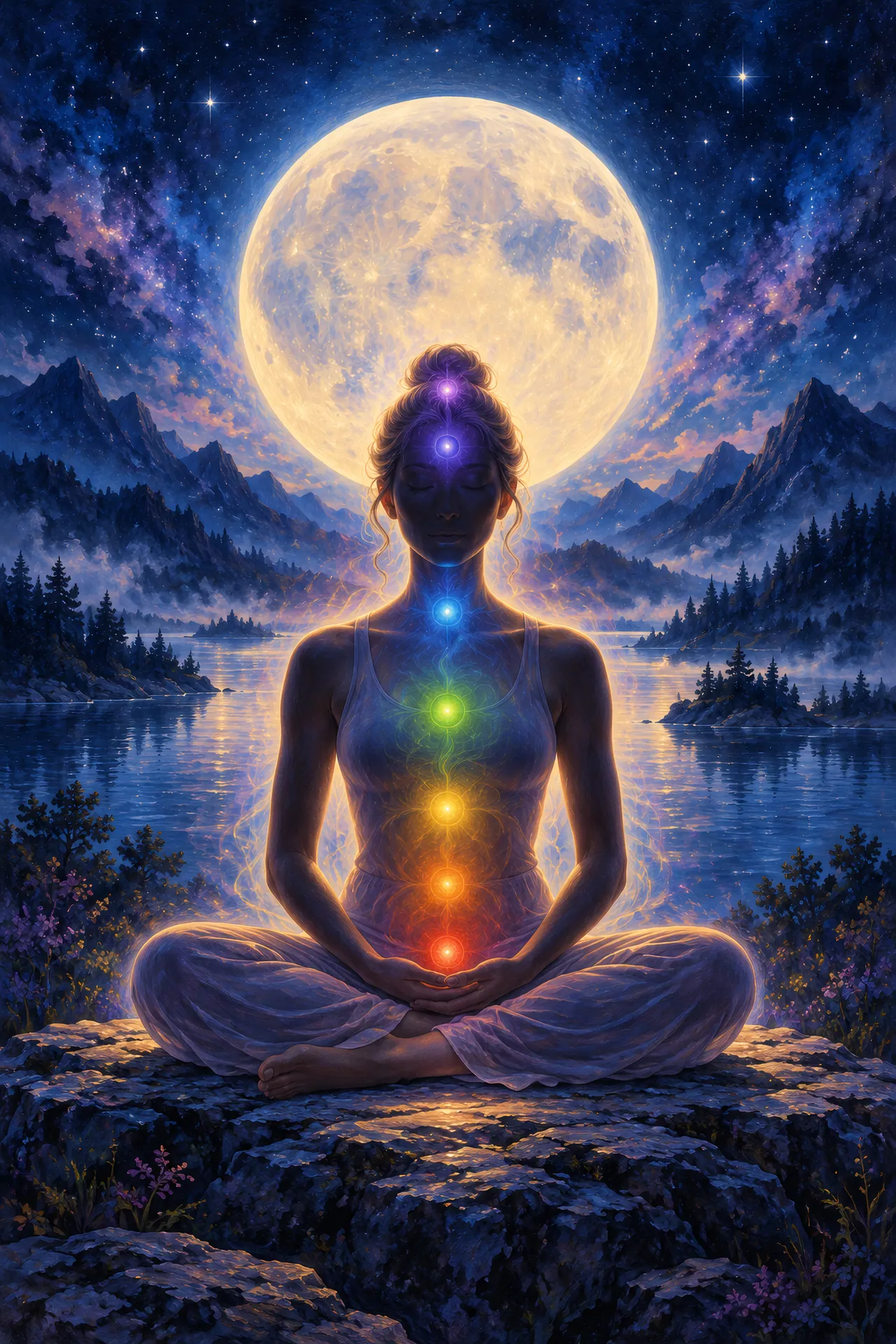 Luminous acrylic and glaze painting of a cross-legged meditation silhouette before a glowing full moon, with seven colored chakra lights along the spine against a midnight blue sky.