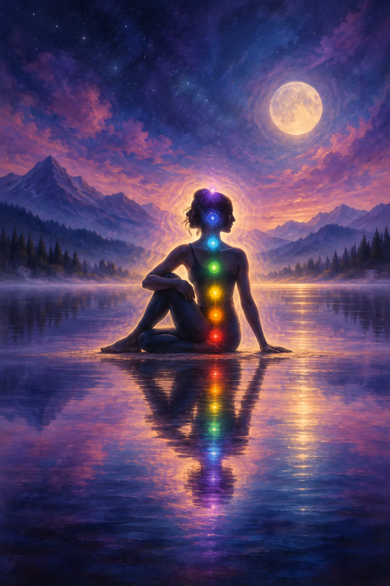 Luminous acrylic and glaze painting of a seated figure in a yoga twist above a still lake, with seven glowing chakra lights along the spine against a plum and night blue sky.