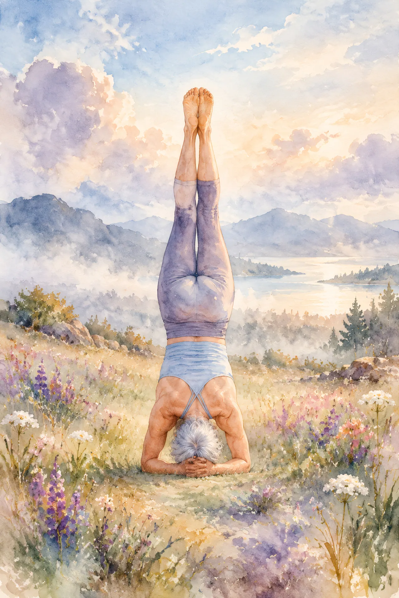 Loose watercolor painting of an older woman with short silver hair in Headstand, balanced upside down in a wildflower meadow beneath soft morning haze.