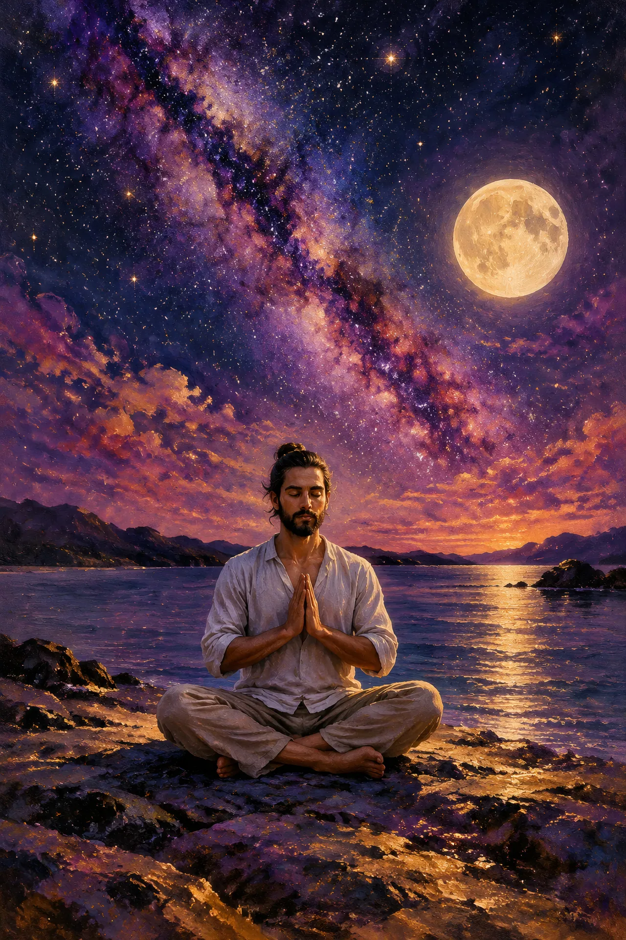 Acrylic night-sky painting of a bearded man seated cross-legged in prayer on a quiet shore beneath a glowing full moon, white stars, and a purple and magenta Milky Way.