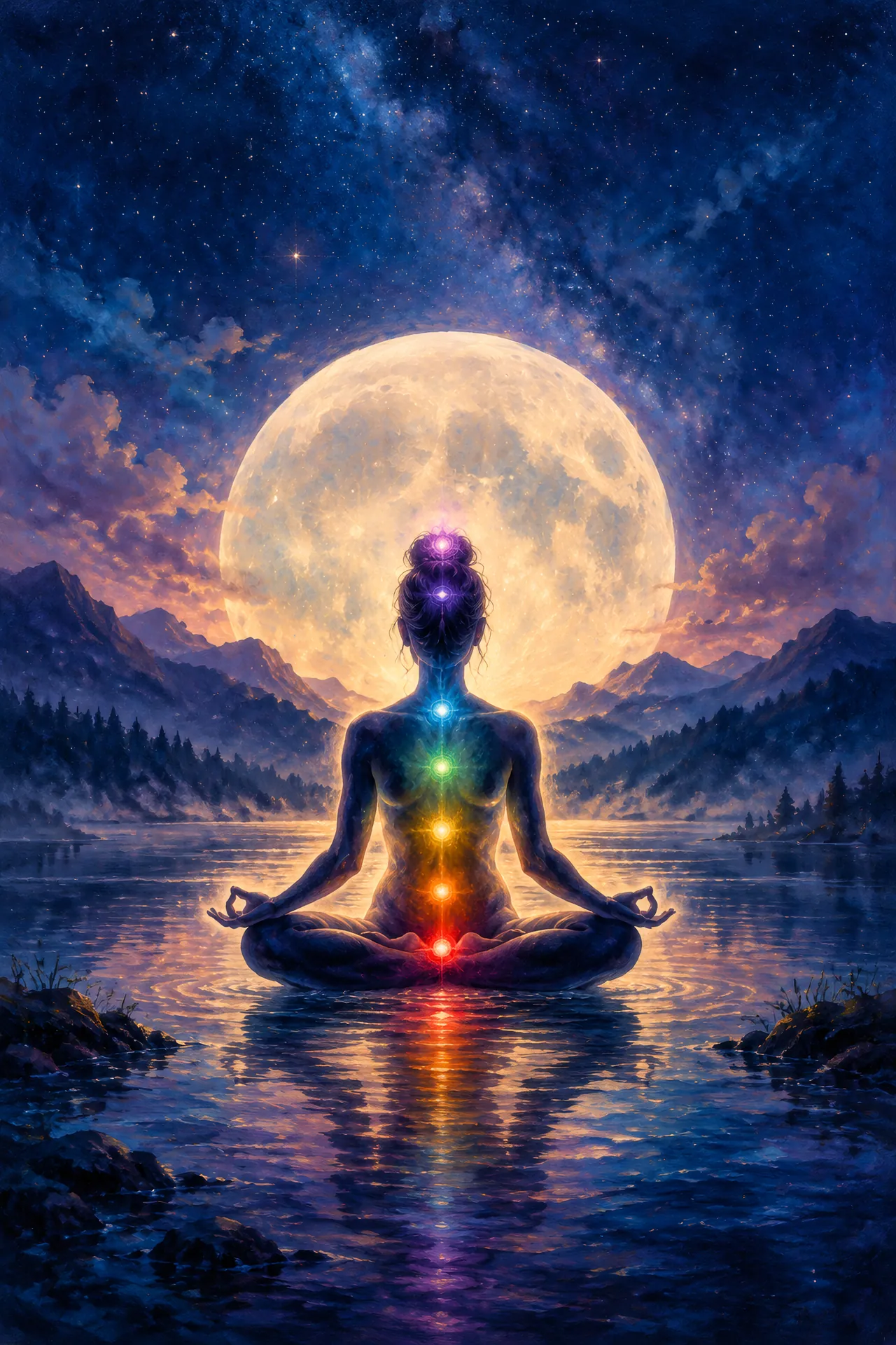 Luminous acrylic and glaze painting of a seated Lotus Pose silhouette before a full moon, with seven glowing chakra lights along the spine against a deep indigo sky.