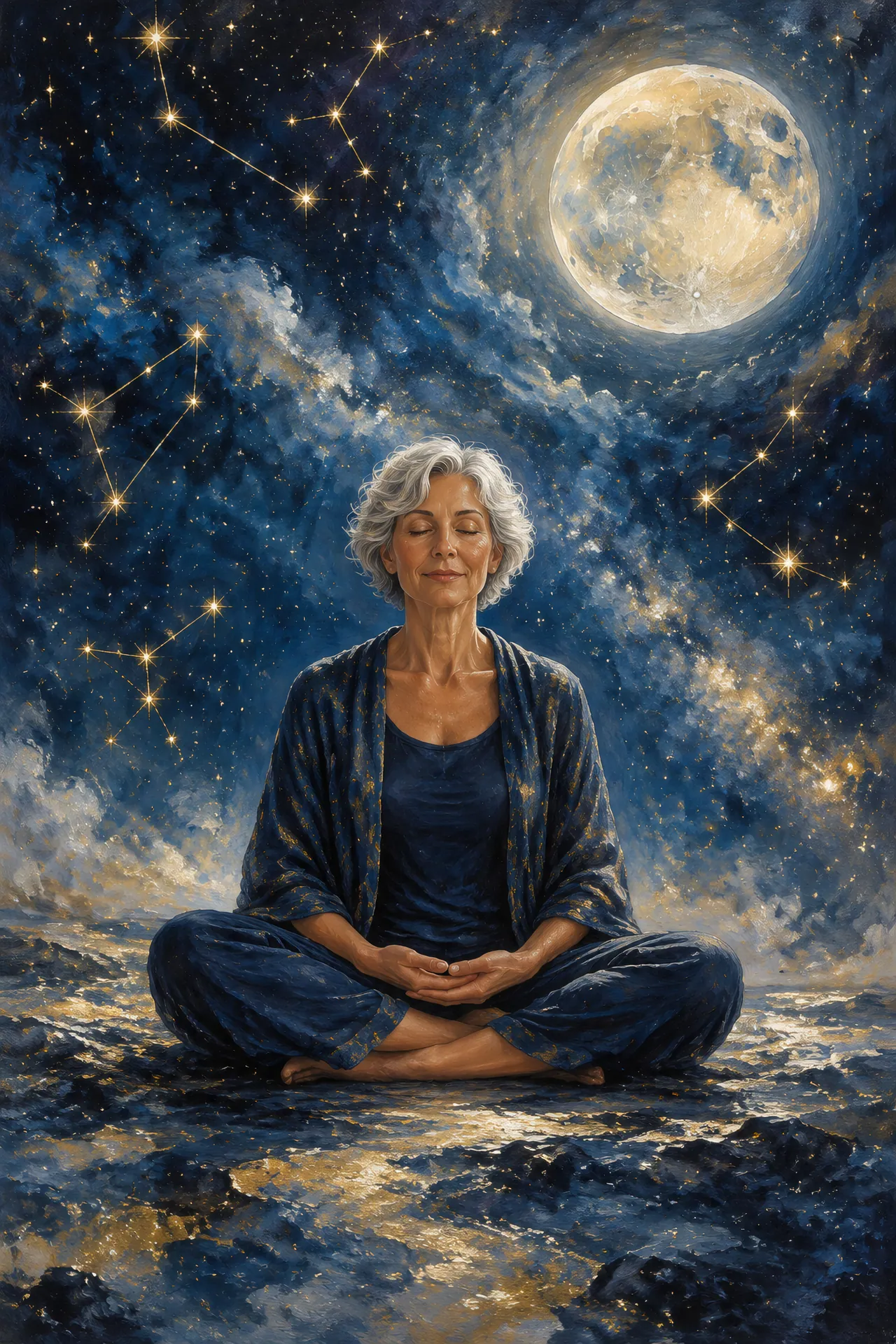 Acrylic painting of an older woman with short silver hair seated cross-legged beneath a glowing moon and fine gold constellations.