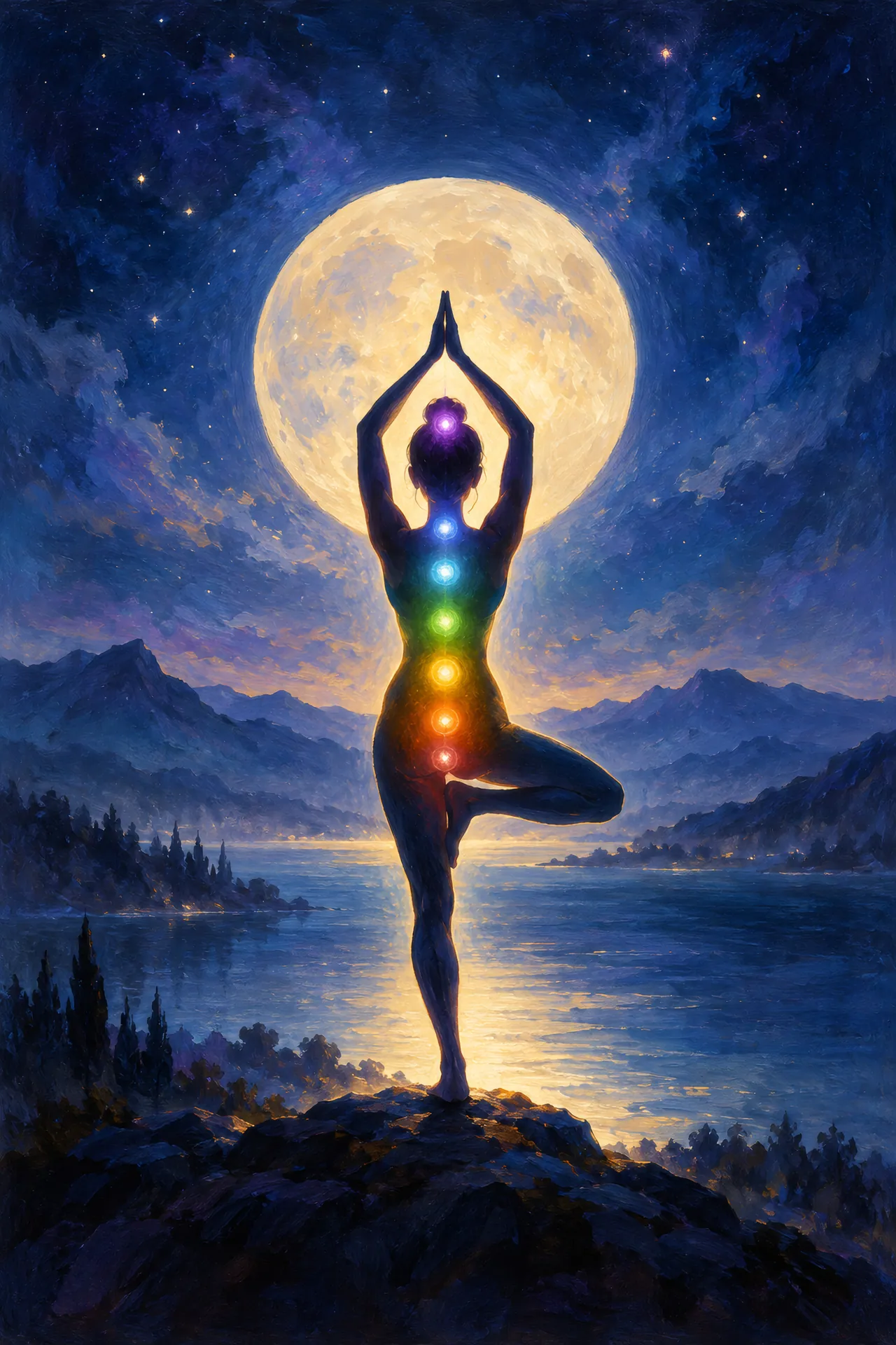 Luminous acrylic painting of a silhouetted figure in Tree Pose before a glowing full moon, with raised palms, seven colored chakra lights, and a deep blue background.