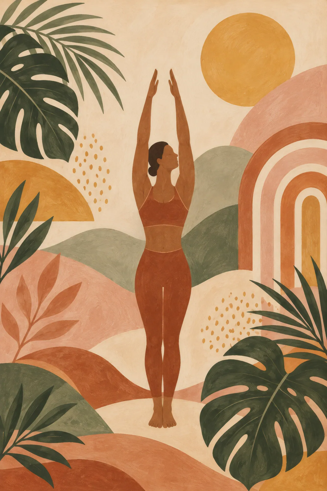 Gouache painting of a calm silhouette in Upward Salute with raised arms, surrounded by abstract leaves, arches, dots, and warm boho color fields.