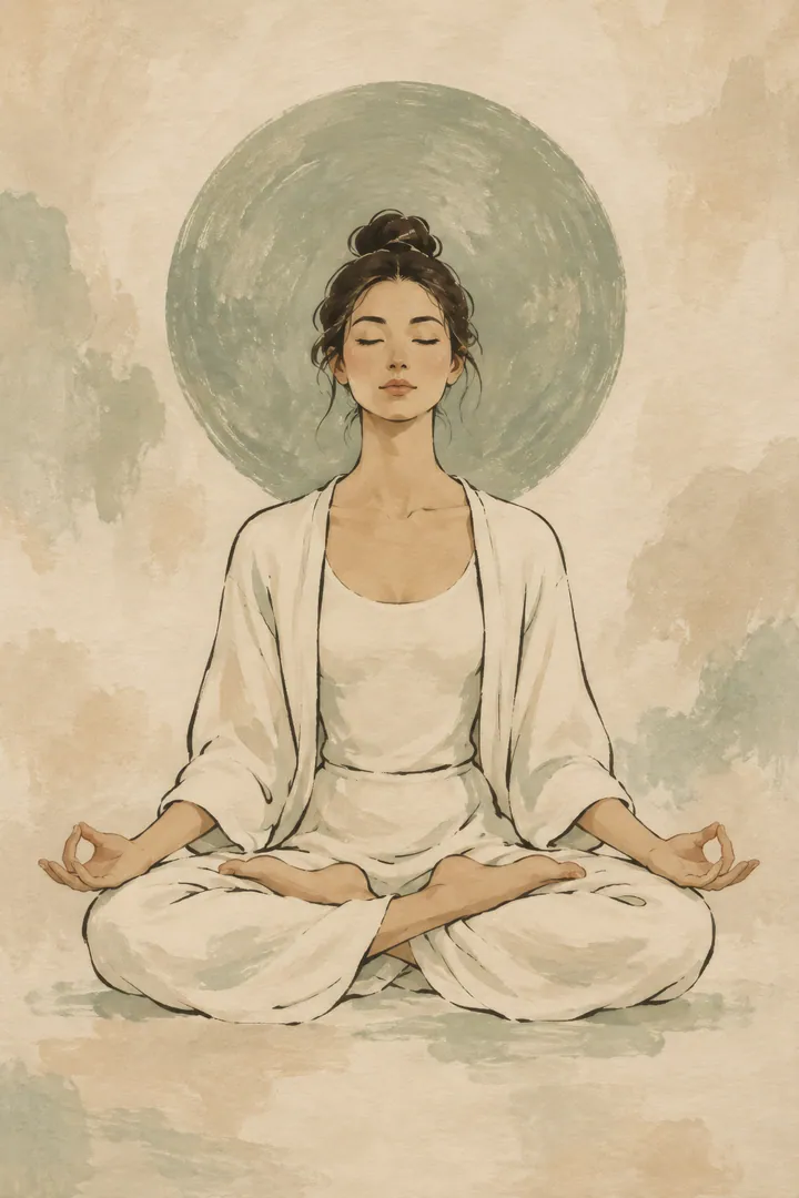 Minimalist Japandi painting of a woman meditating in lotus pose, eyes closed, in a white robe before a large sage-green circle on warm beige paper.