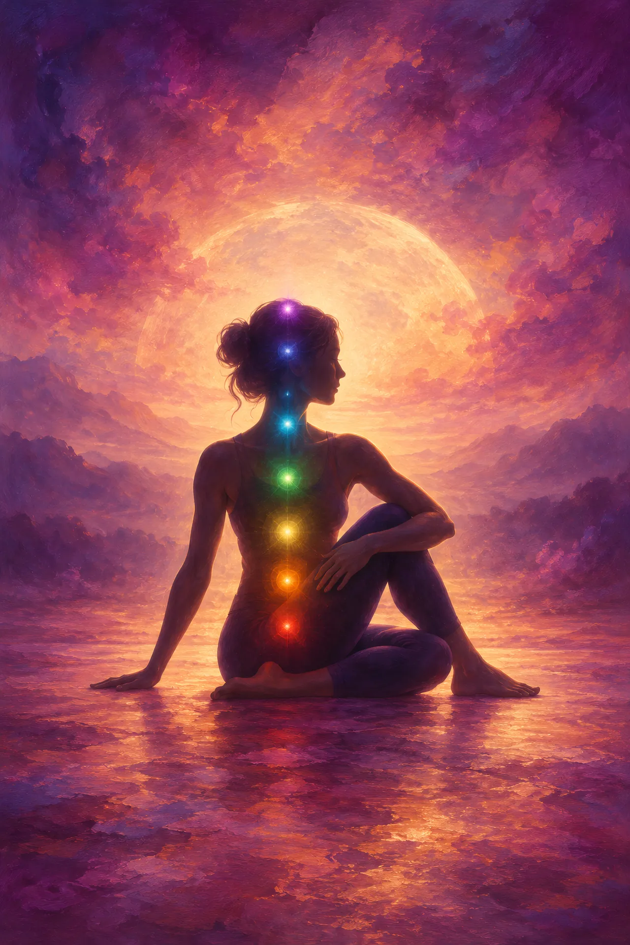 Luminous acrylic and glaze painting of a seated figure in a gentle twist, surrounded by a soft halo with seven colored chakra lights along the spine against a rose and purple background.