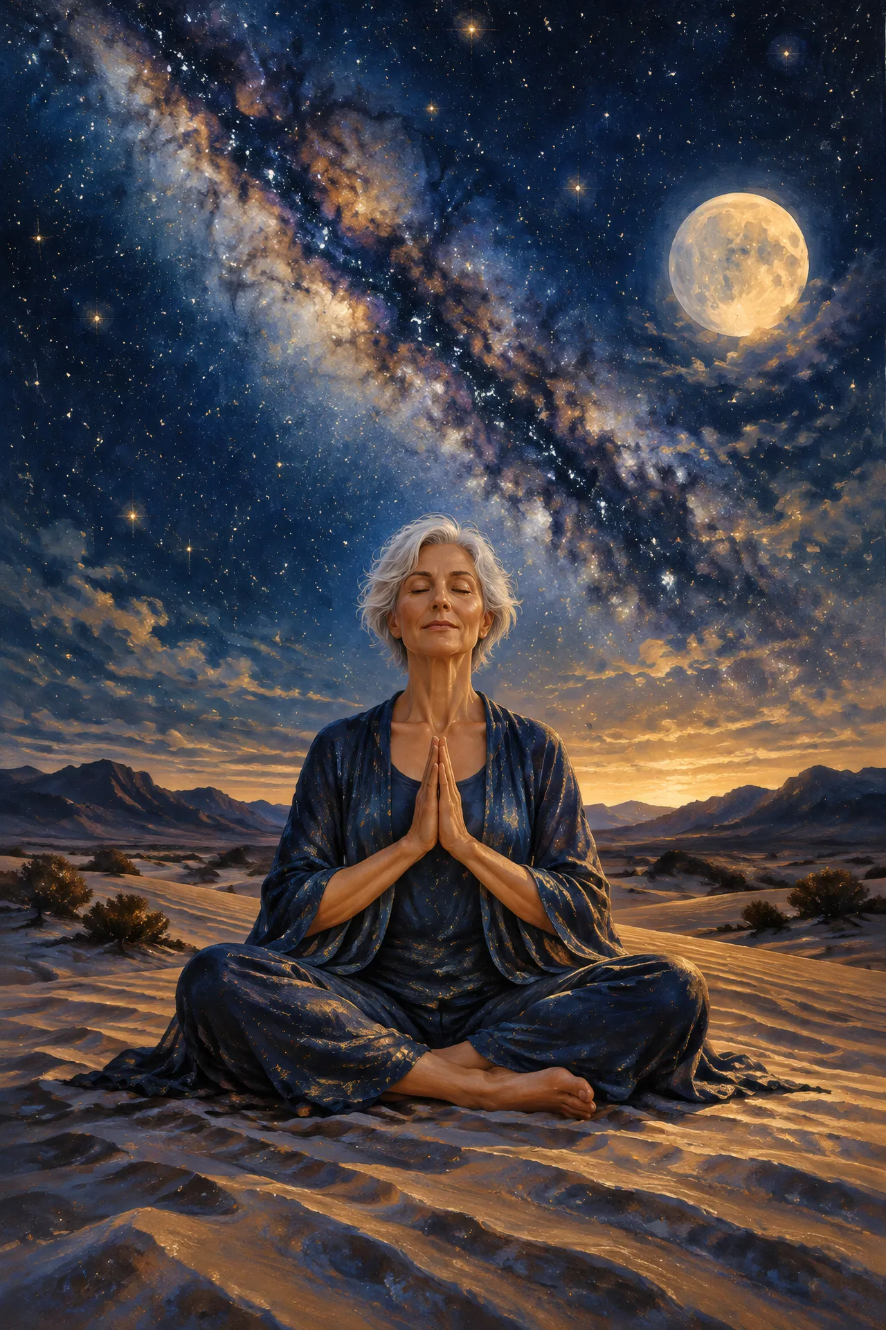 Acrylic night-sky painting of an older woman with short silver hair seated cross-legged in prayer on a desert dune beneath a glowing moon and star-filled Milky Way.