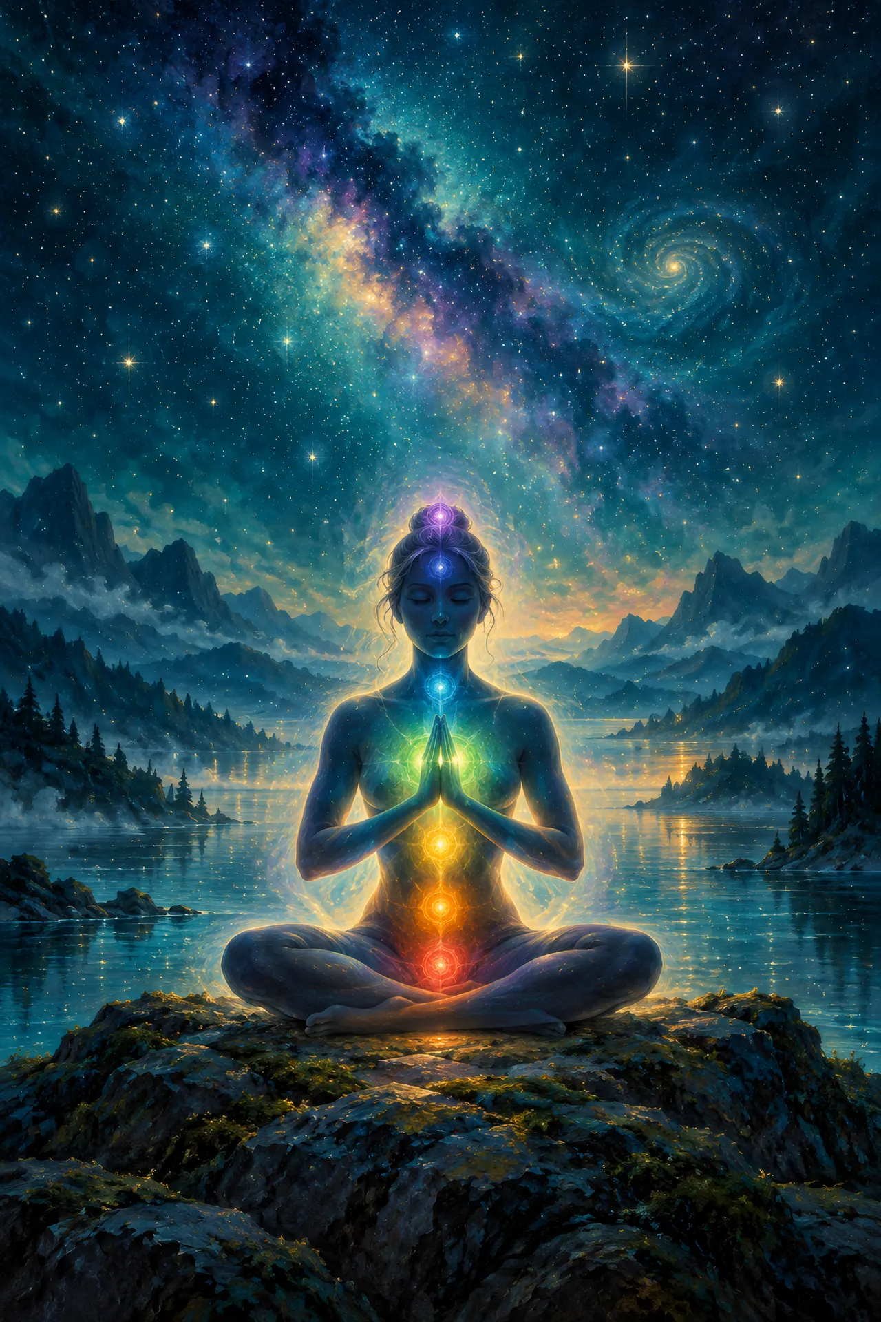 Luminous acrylic and glaze painting of a seated figure with palms together at the heart, surrounded by seven glowing chakra points against a deep teal starry sky.