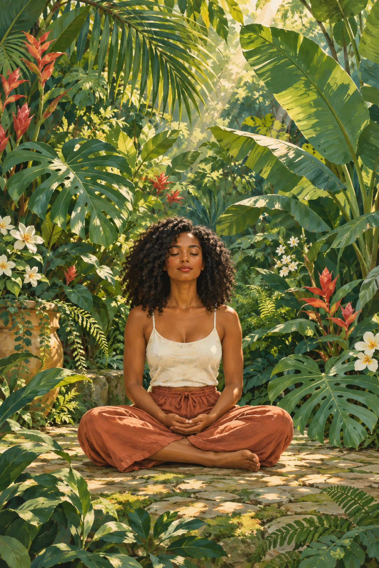 Botanical gouache painting of a Black woman with curly hair sitting cross-legged with closed eyes among emerald monstera, banana, and palm leaves in soft sunlight.