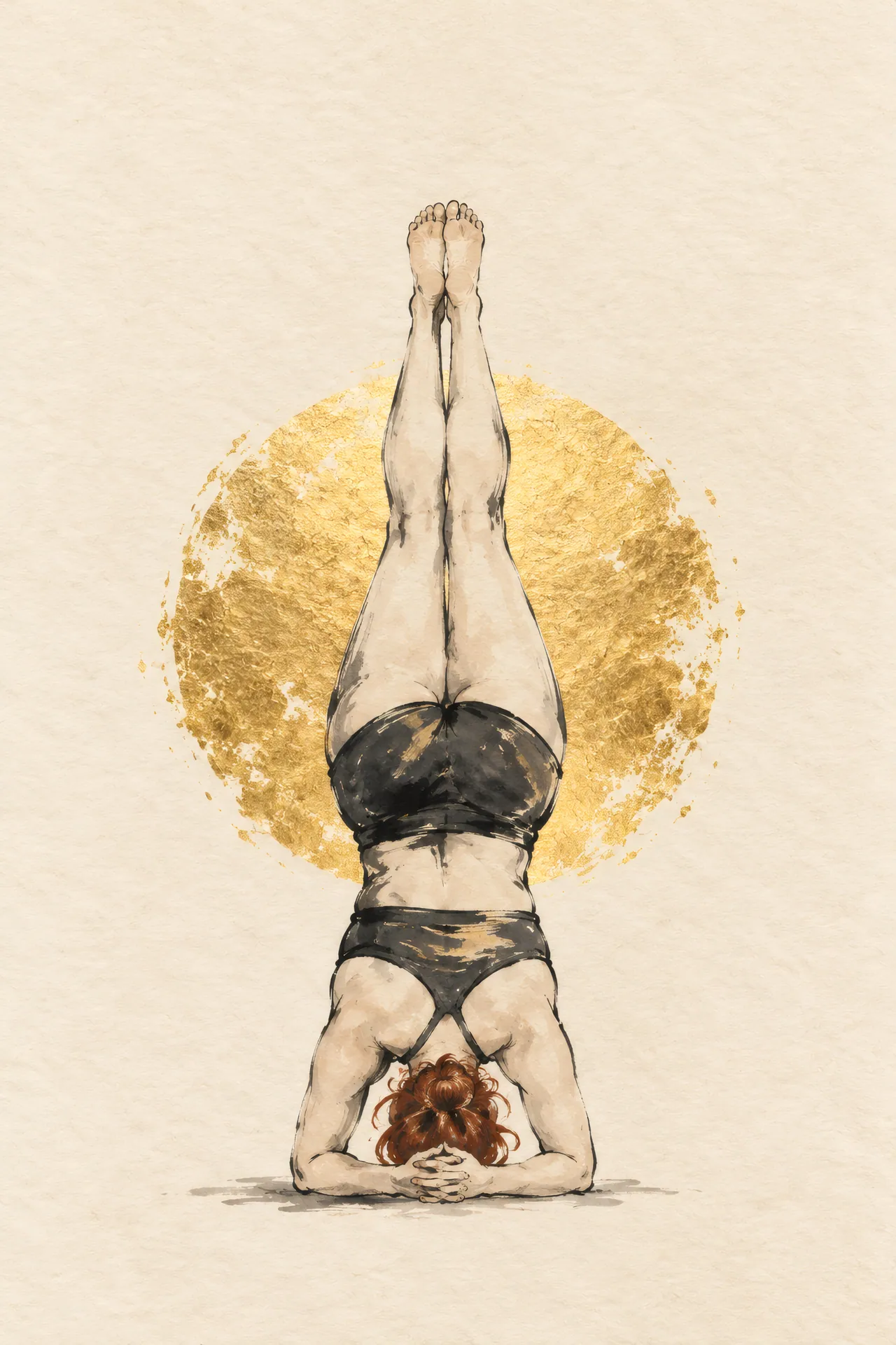 Sumi-e ink painting of a curvy woman with auburn hair holding Headstand with straight legs beneath a gold leaf sun on warm ivory paper.