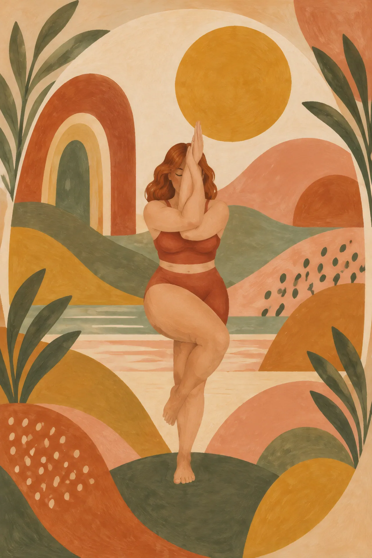 Mid-century boho abstract painting of an auburn-haired woman in Eagle Pose within an oval of terracotta hills, a mustard sun, sage leaves, and cream shapes.