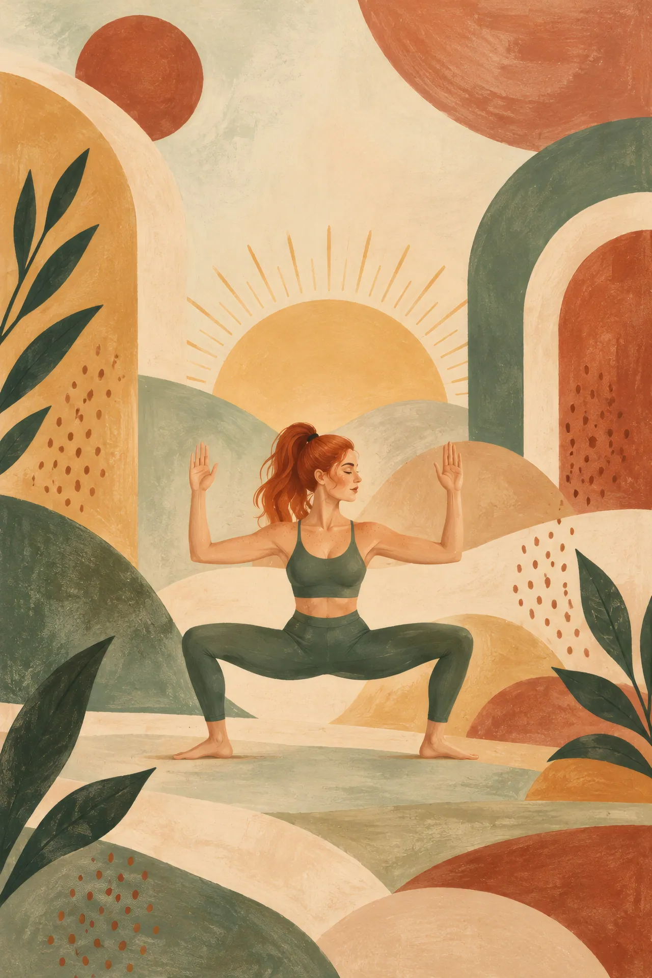 Mid-century boho gouache painting of a red-haired woman in Goddess Pose, squatting with raised bent arms beneath a mustard half sun and layered sage and rust arches.