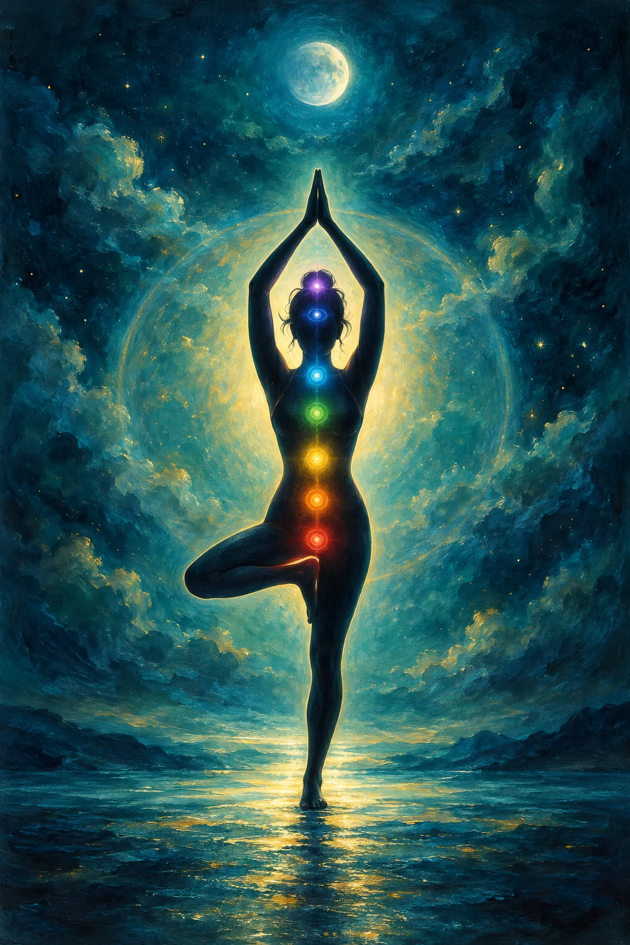 Luminous acrylic and glaze painting of a calm silhouette in Tree Pose, surrounded by a soft halo with seven colored lights along the spine against deep teal.