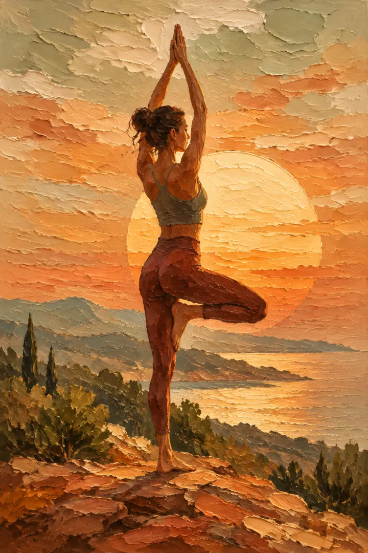 Palette knife painting of a woman in tree pose on a rocky coastal headland, arms raised above her head, before a large setting sun in orange and ochre.