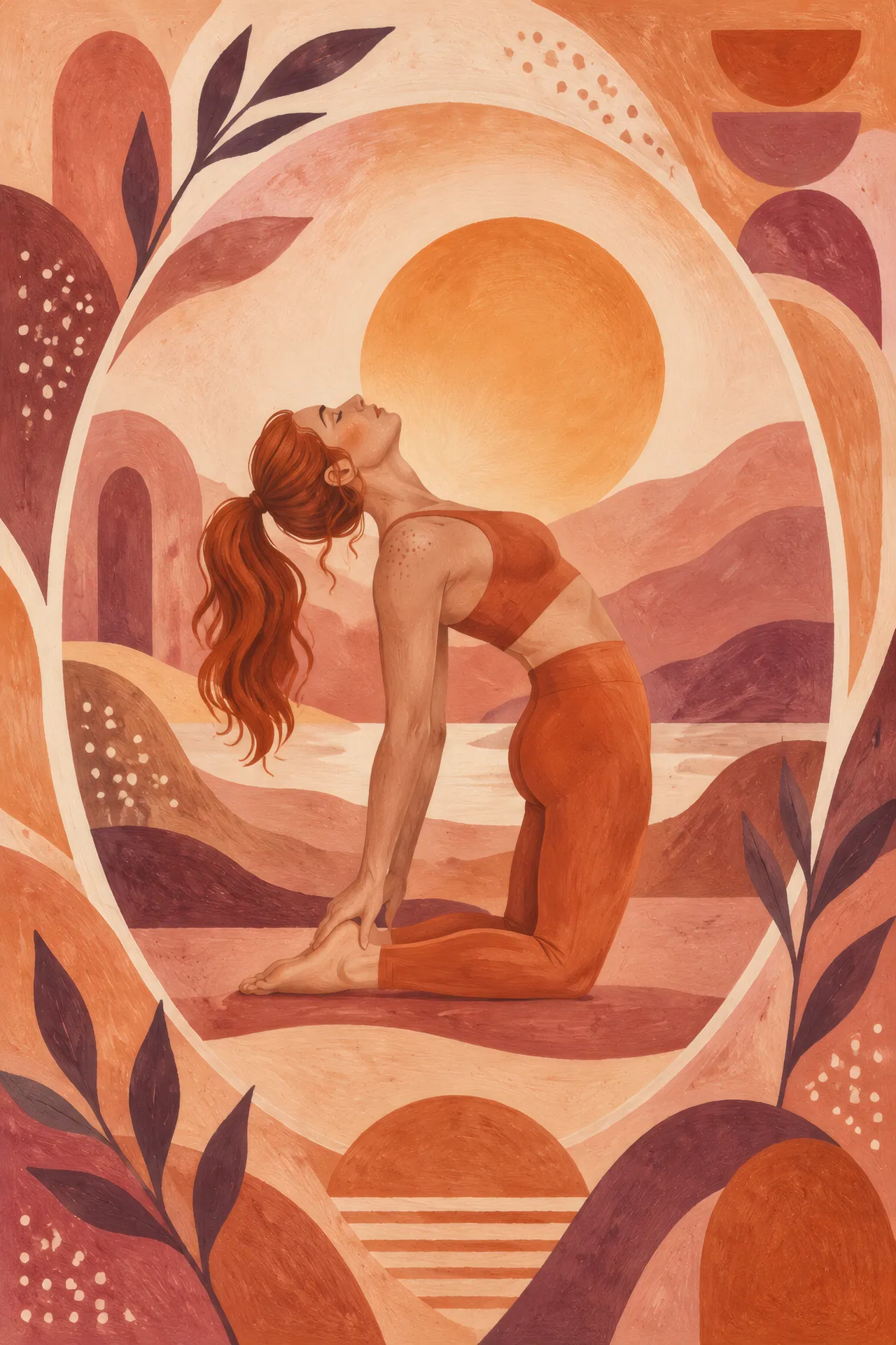 Mid-century boho abstract painting of a red-haired woman in Camel Pose, arching back toward her heels within an oval landscape of hills and a sun in warm orange, rose, mauve, and ivory.