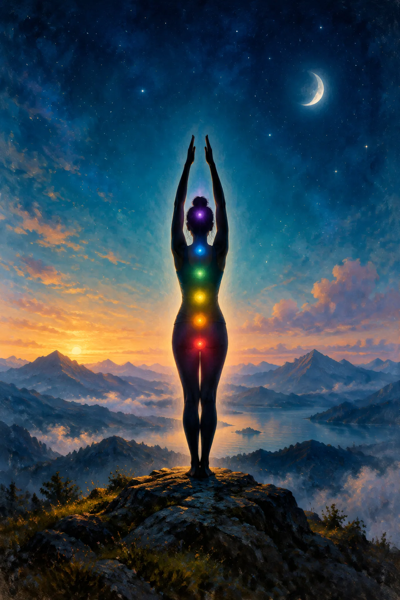 Luminous acrylic and glaze painting of a silhouetted figure in Upward Salute on a mountain summit, with seven colored chakra lights glowing against a deep teal starry sky.