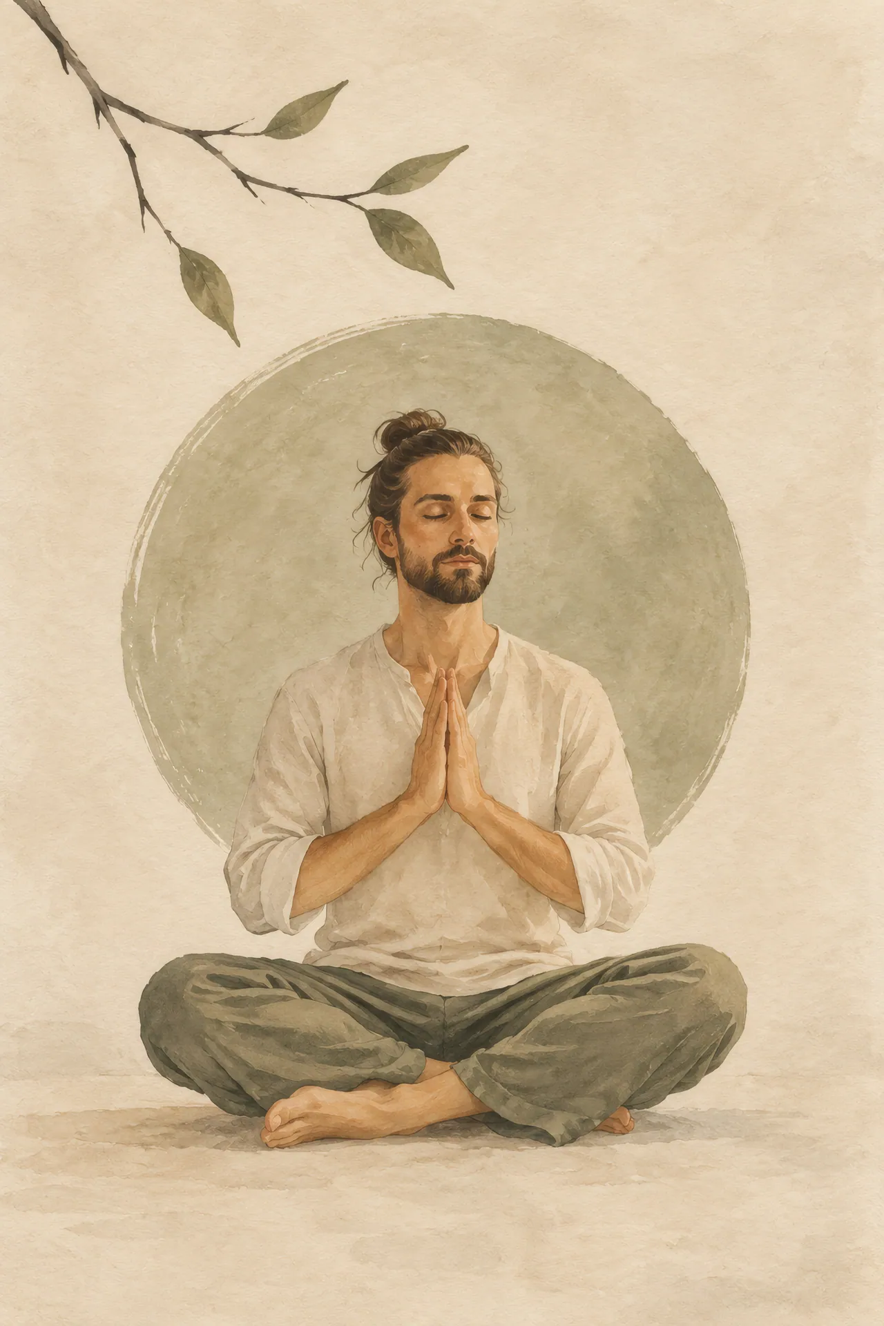 Minimalist Japandi gouache painting of a bearded man with tied-back hair sitting cross-legged with palms together beneath a bare branch with three leaves.