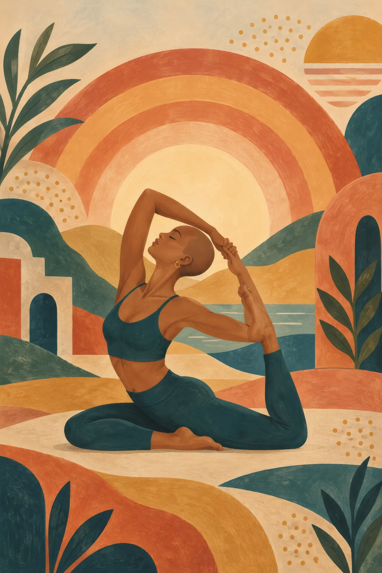 Mid-century boho abstract gouache painting of a woman with a shaved head holding King Pigeon Pose beneath layered teal, ochre, coral, and sand rainbow arcs.
