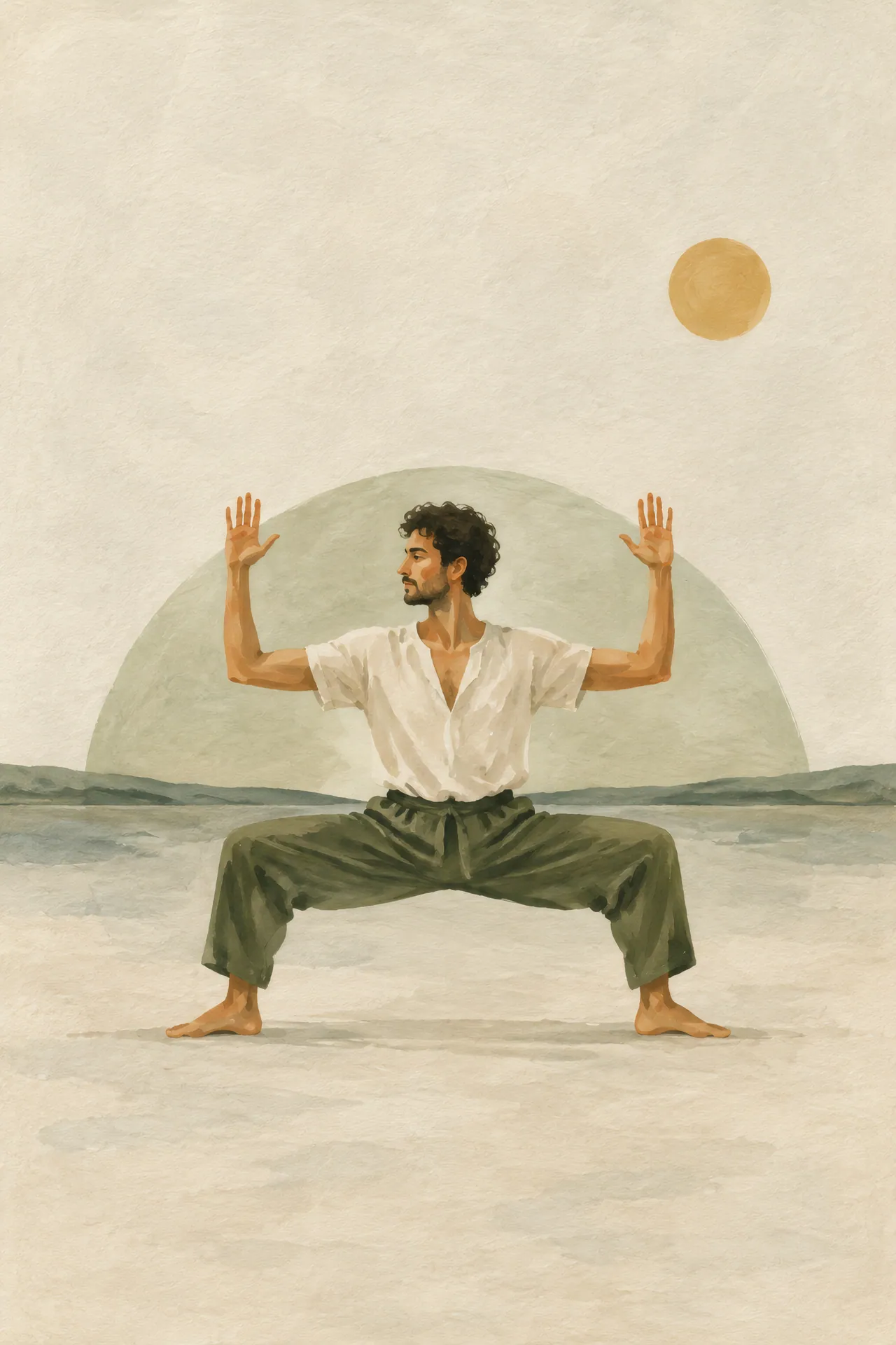 Minimalist Japandi gouache painting of a dark-haired man in Goddess Pose on a horizon line beneath a small moon, in moss green, rice white, warm gray, and ochre.