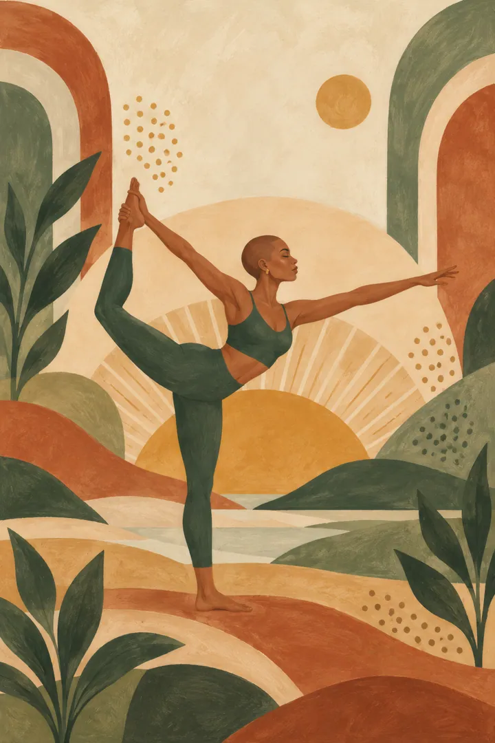Mid-century boho gouache painting of a woman in Dancer's Pose among sage arches, rust hills, cream shapes, leaves, and a soft mustard rising sun.
